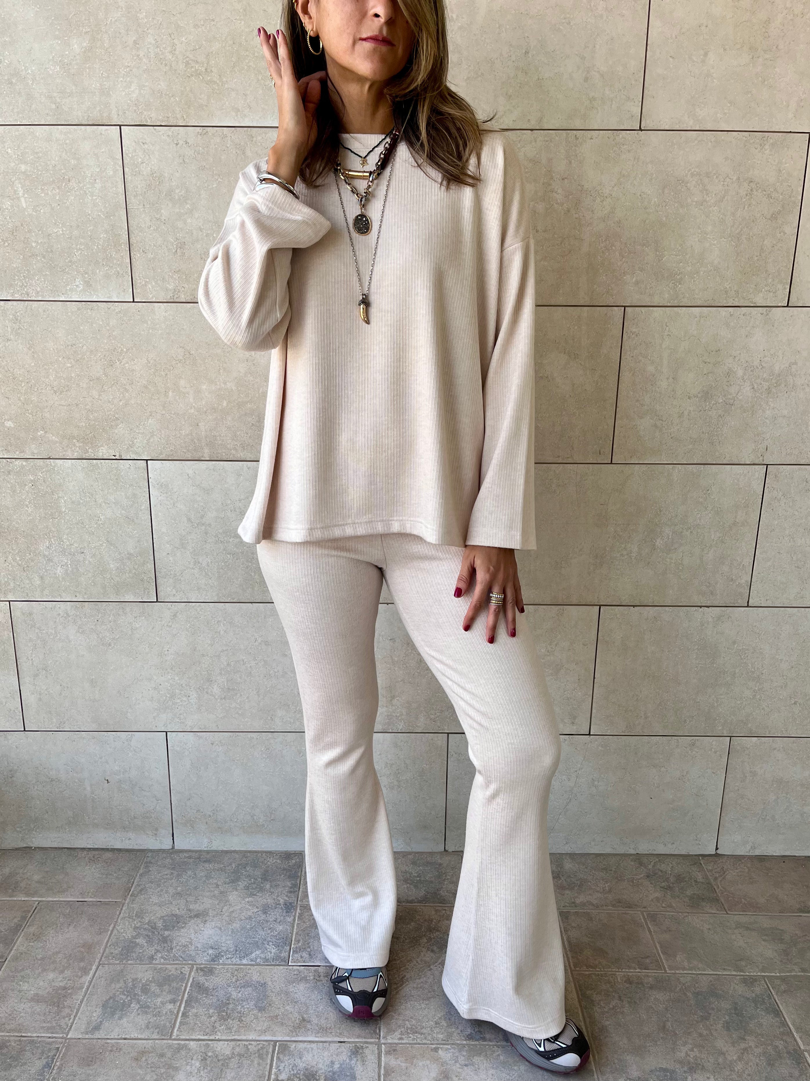 Beige Ribbed flare Pants
