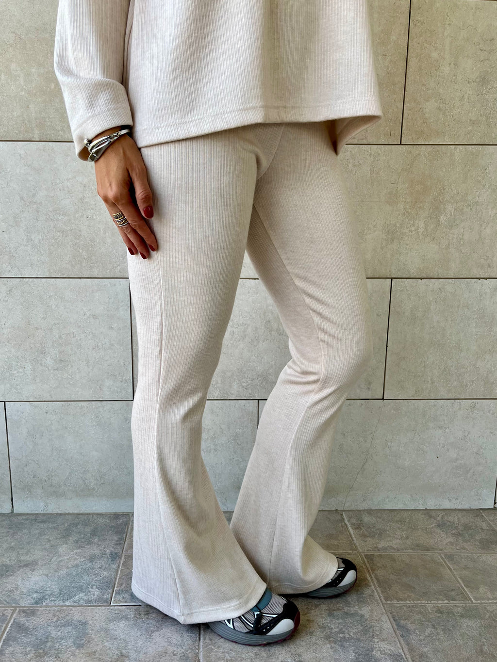Beige Ribbed flare Pants