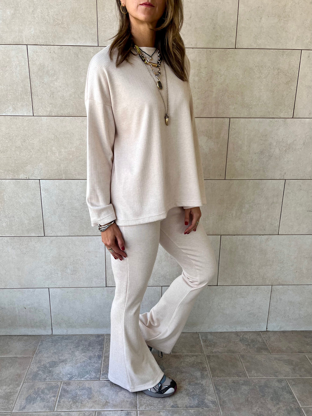 Beige Ribbed flare Pants