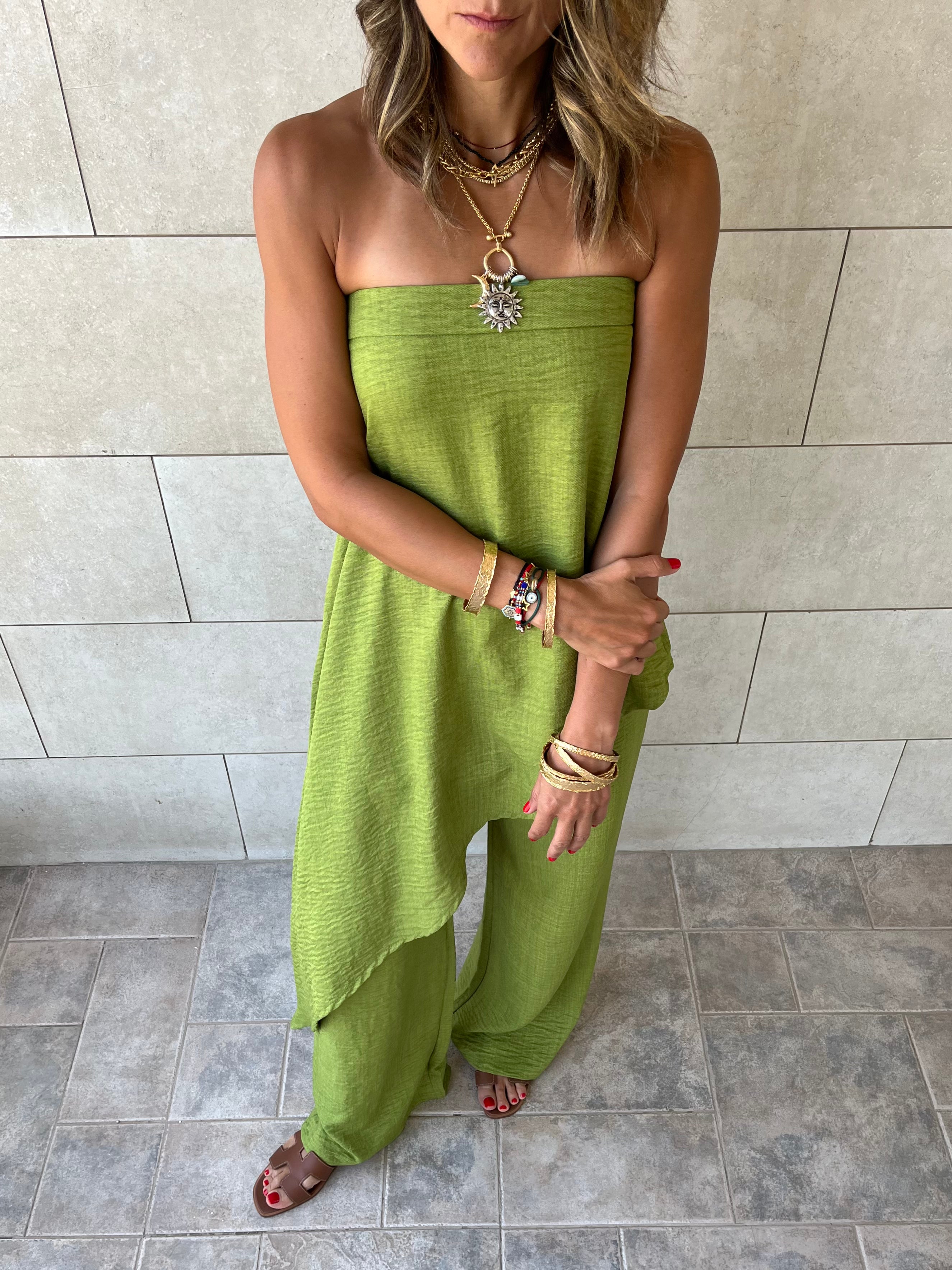 Lime Strapless Asymmetrical Set