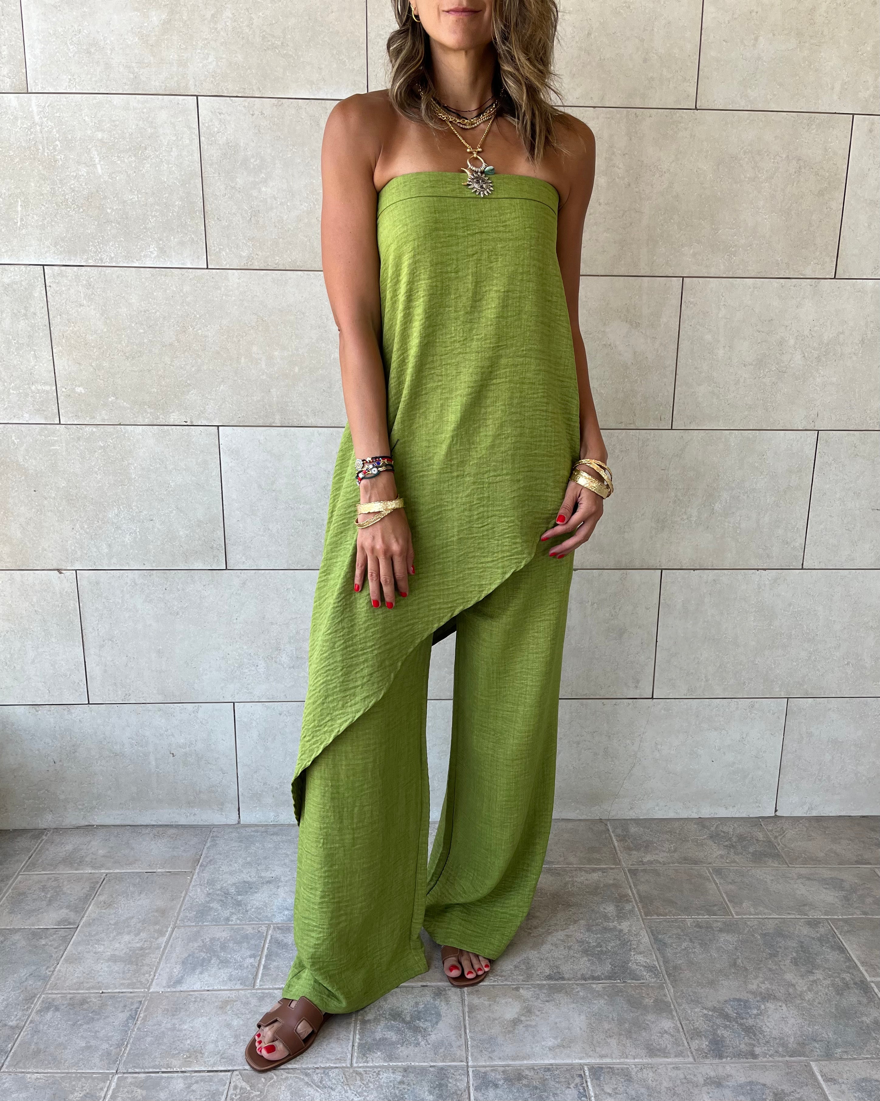 Lime Strapless Asymmetrical Set