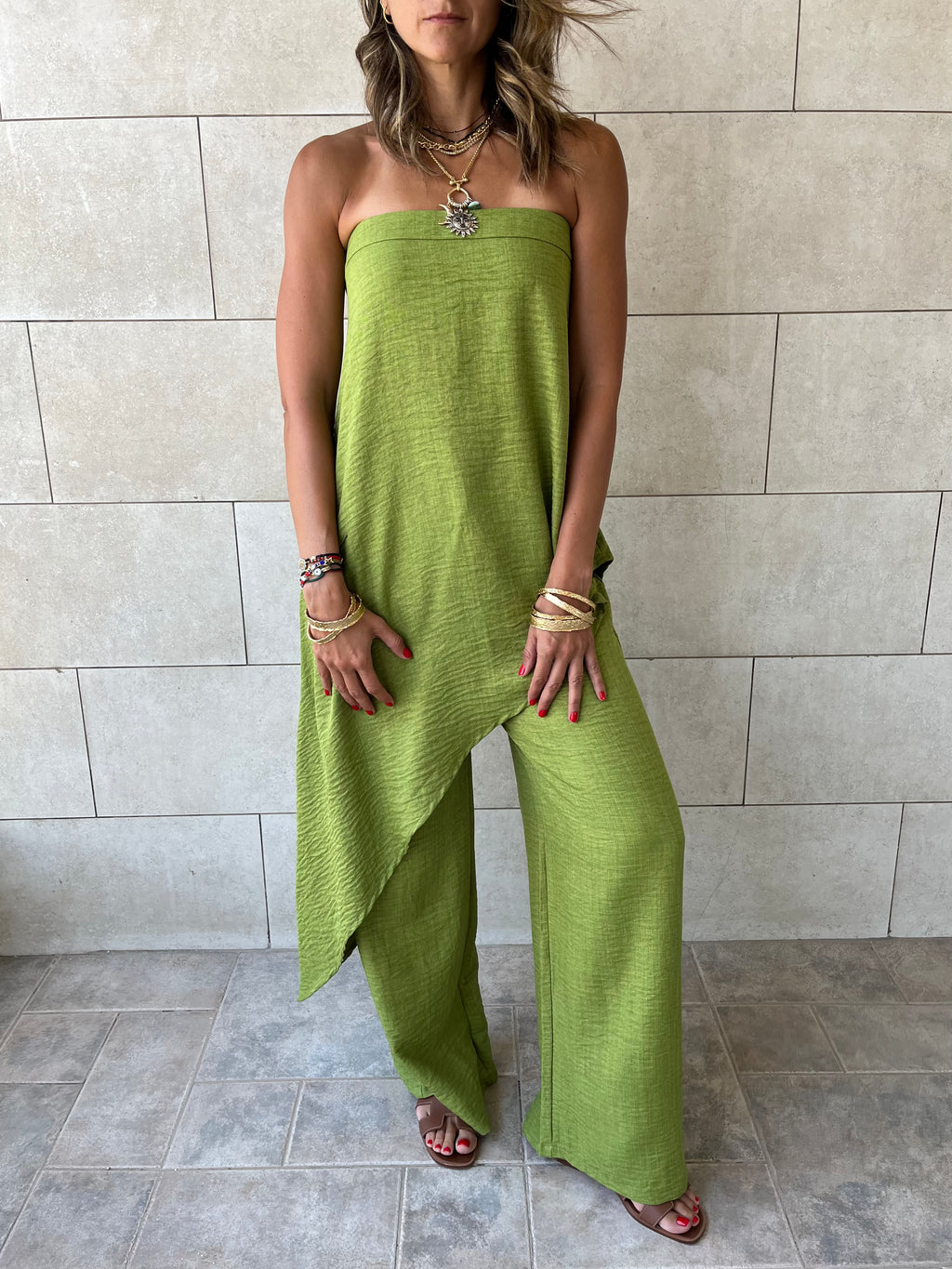 Lime Strapless Asymmetrical Set