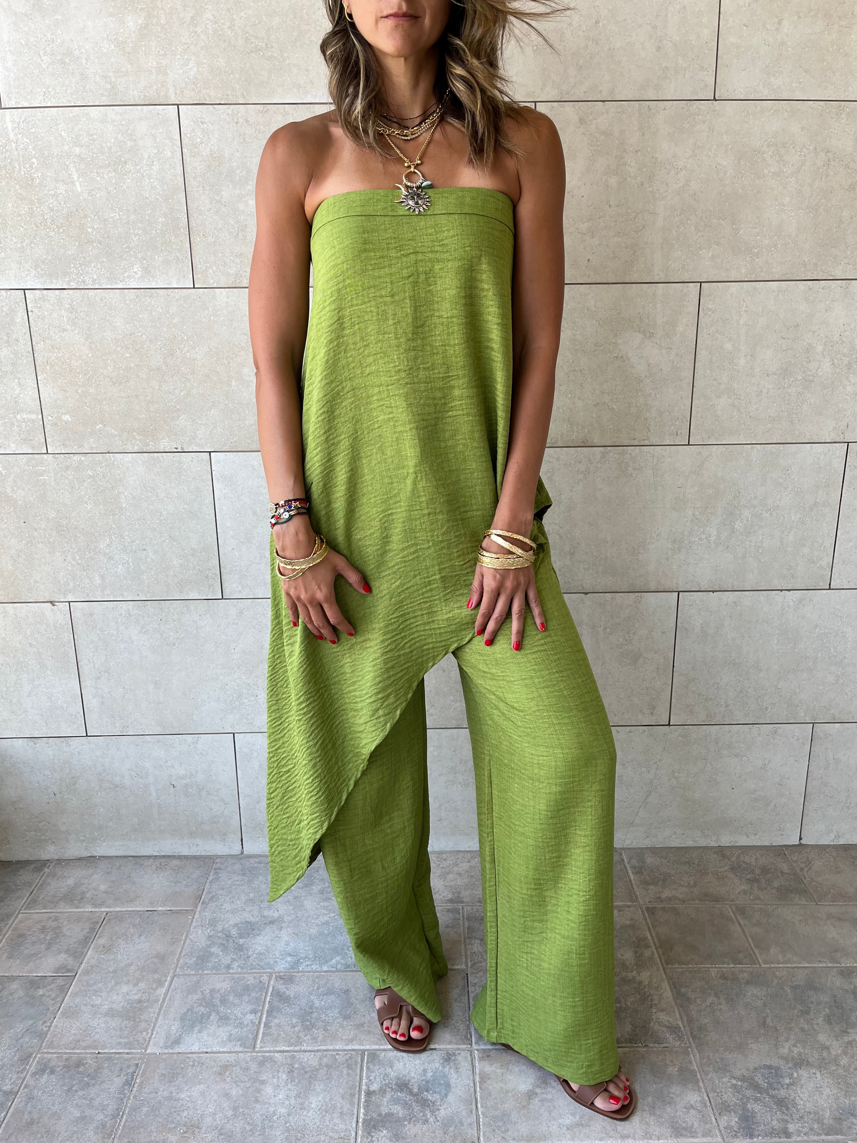 Lime Strapless Asymmetrical Set