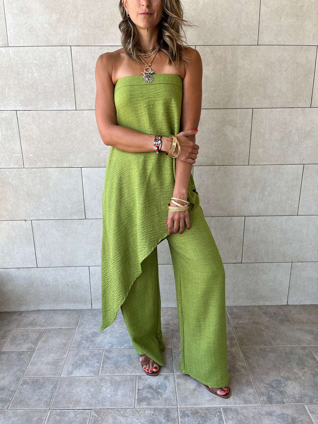 Lime Strapless Asymmetrical Set