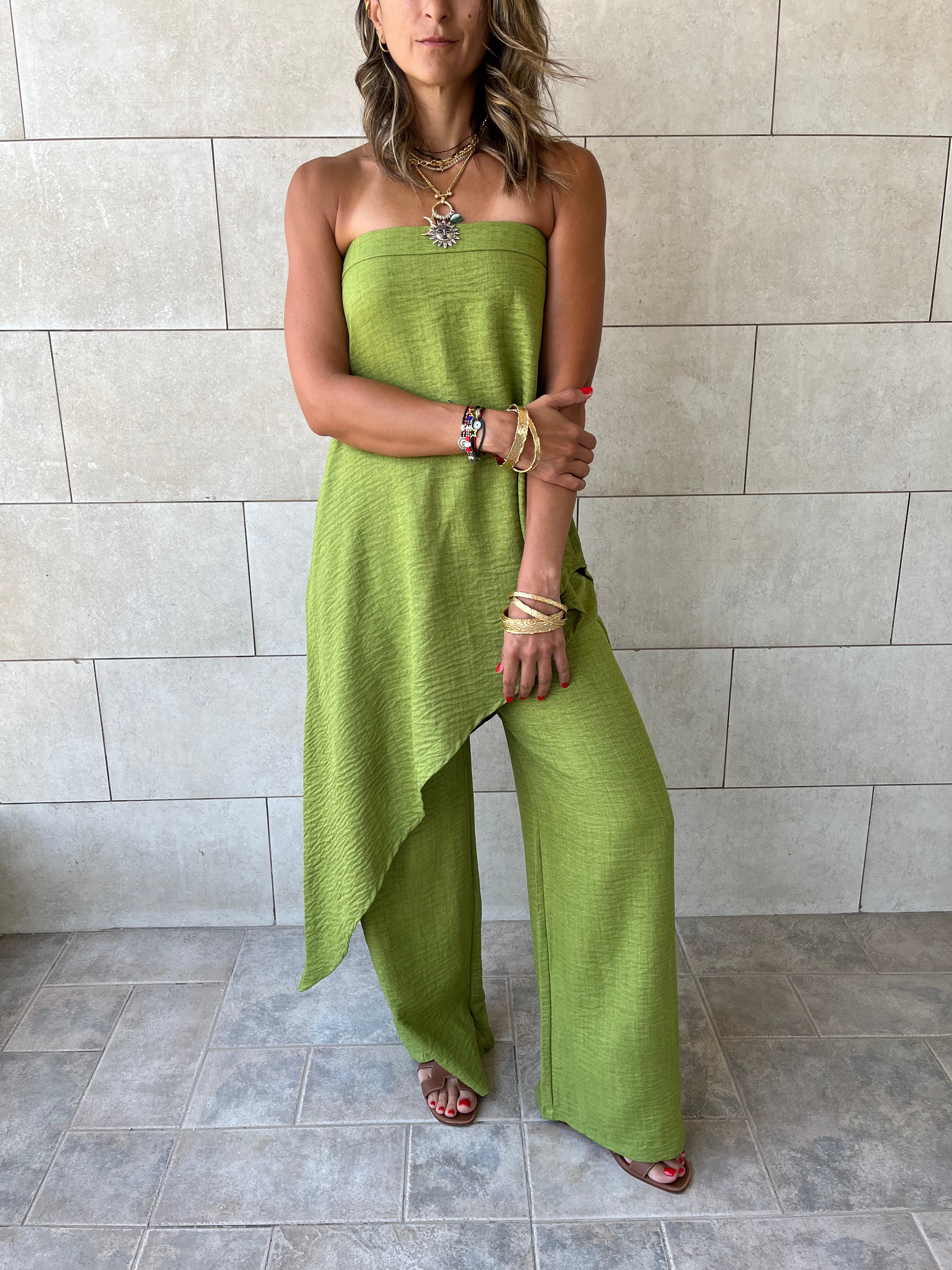 Lime Strapless Asymmetrical Set