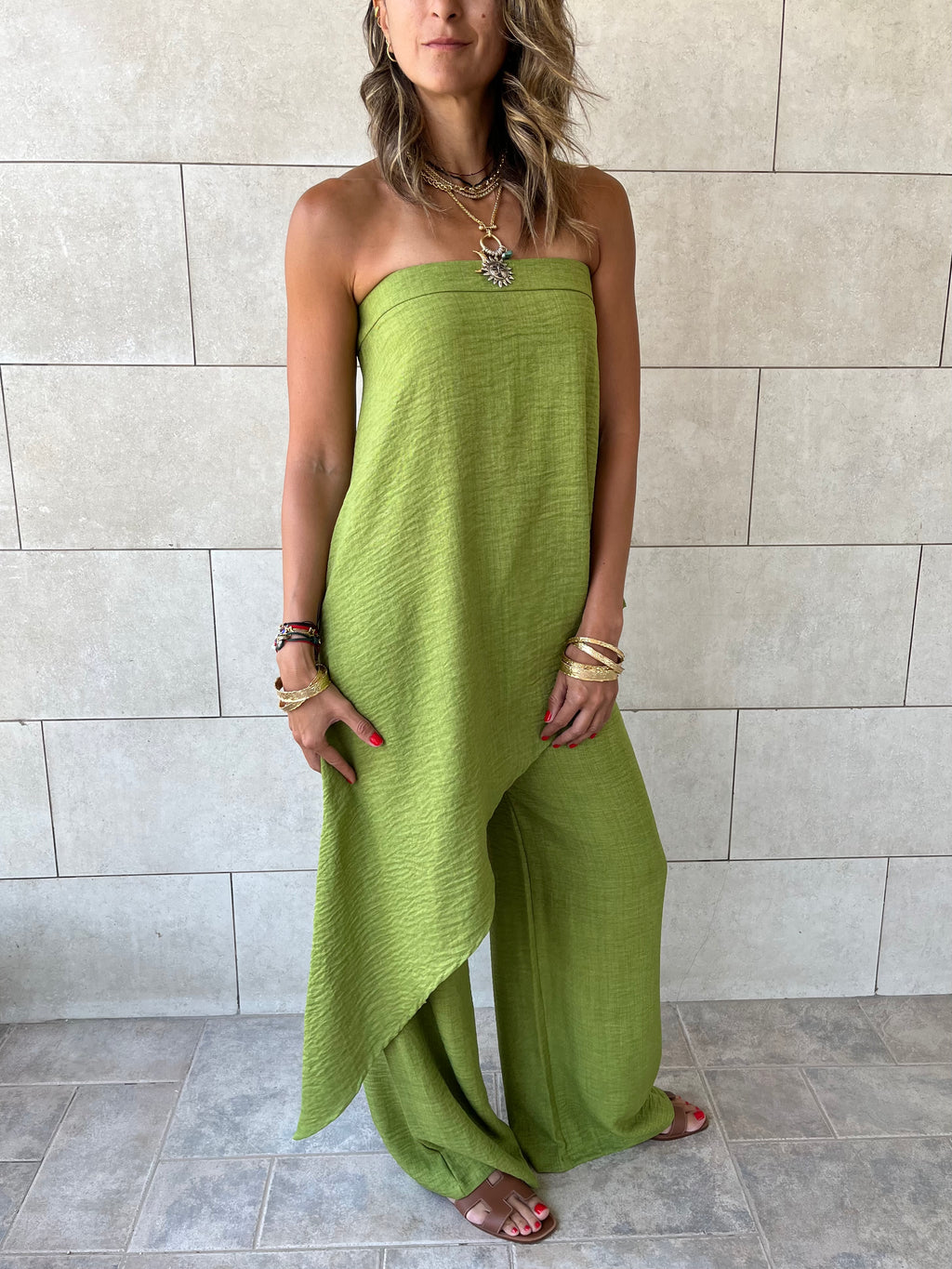 Lime Strapless Asymmetrical Set