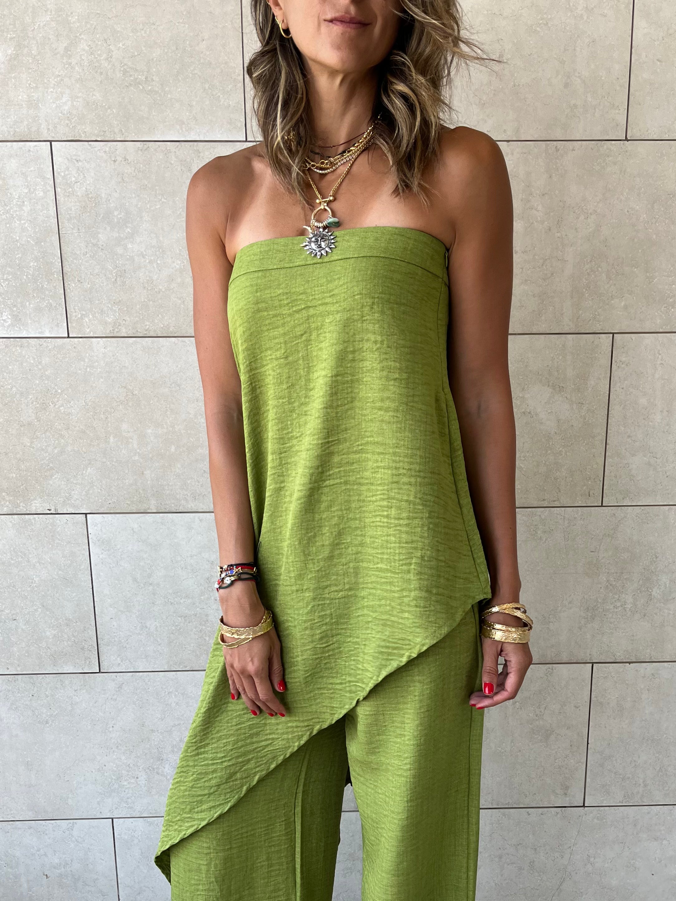 Lime Strapless Asymmetrical Set