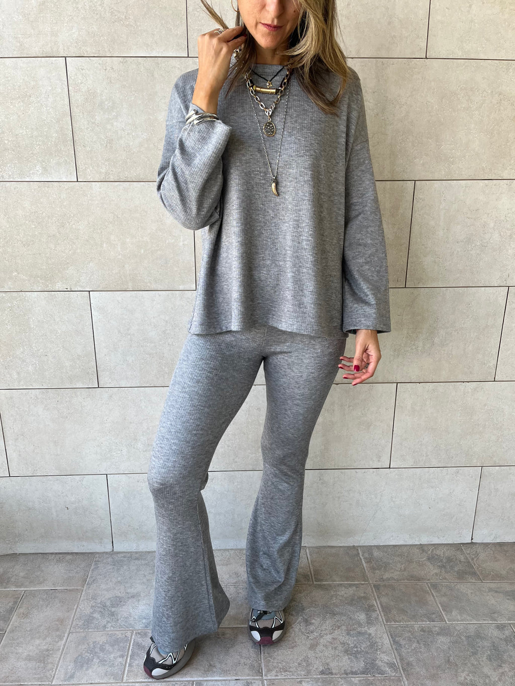 Grey Ribbed flare Pants