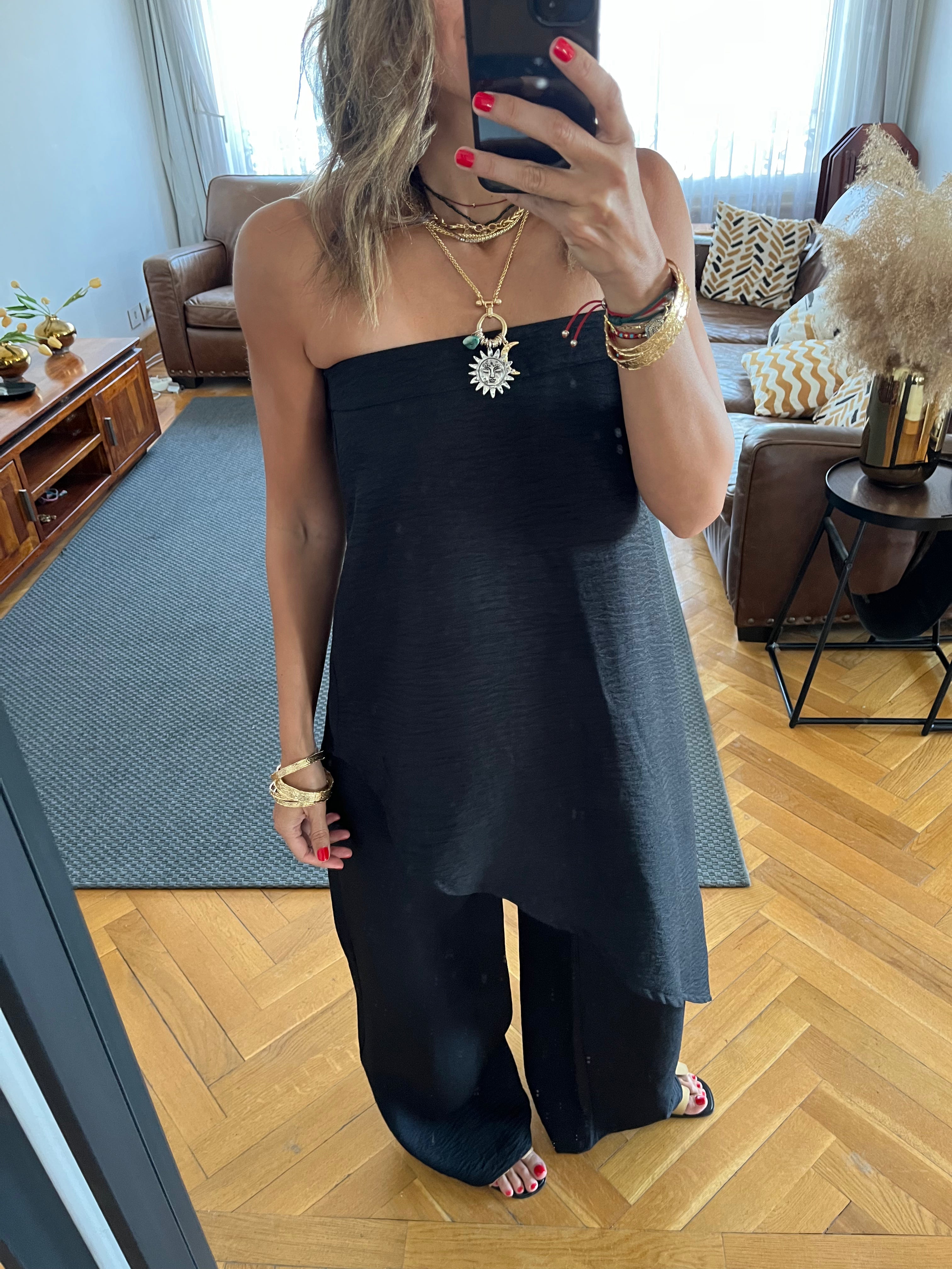 Black Strapless Asymmetrical Set