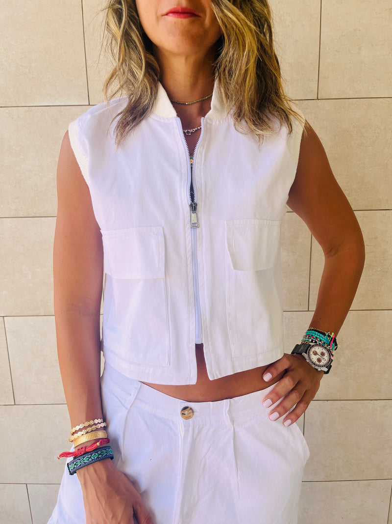 White Cargo Cropped Vest