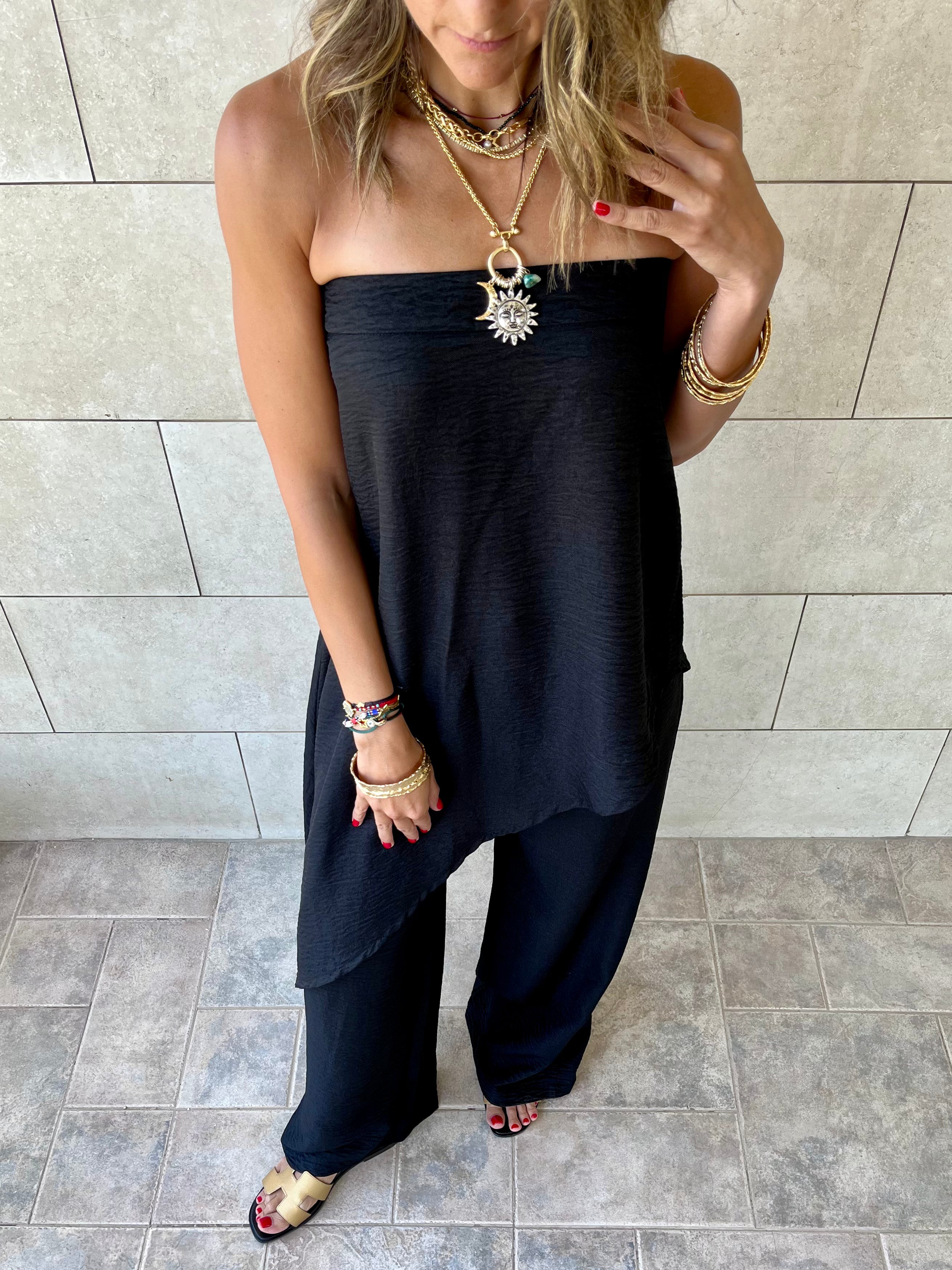 Black Strapless Asymmetrical Set