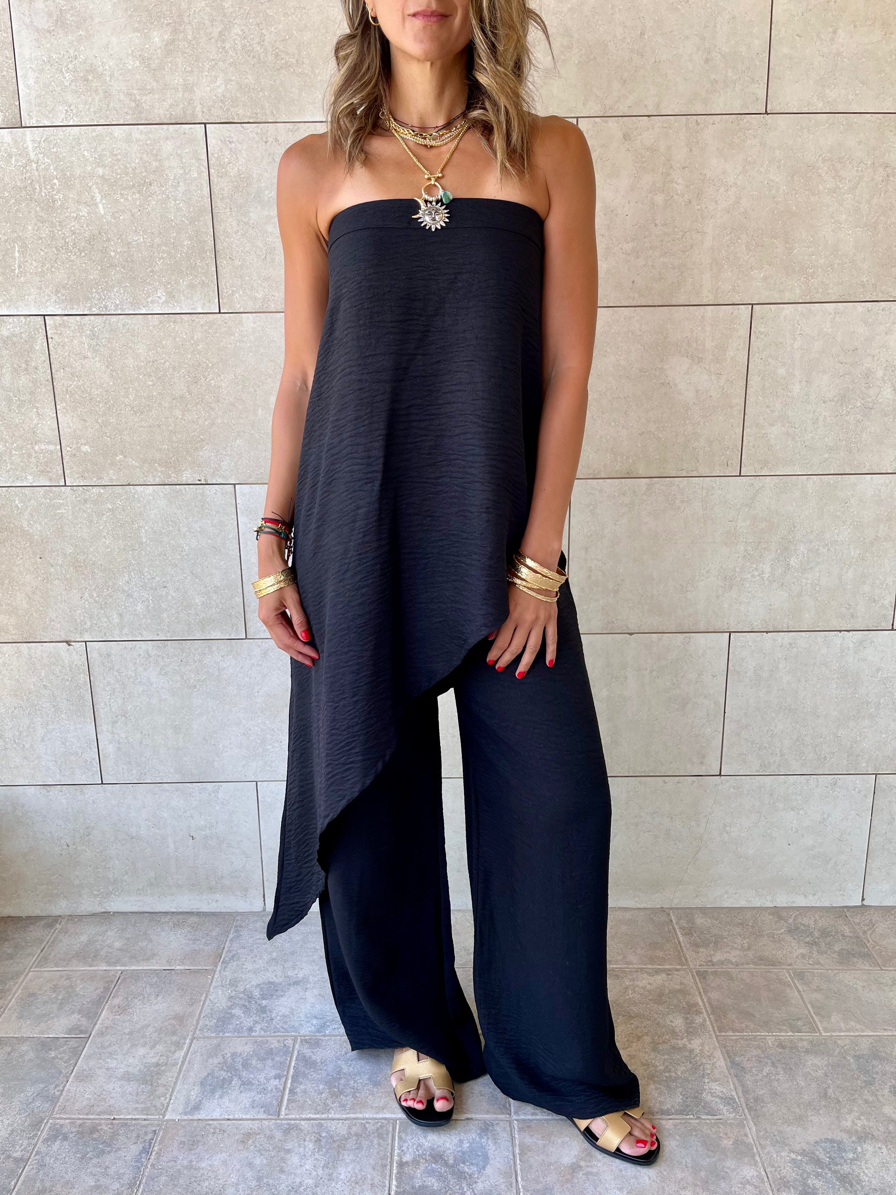 Black Strapless Asymmetrical Set