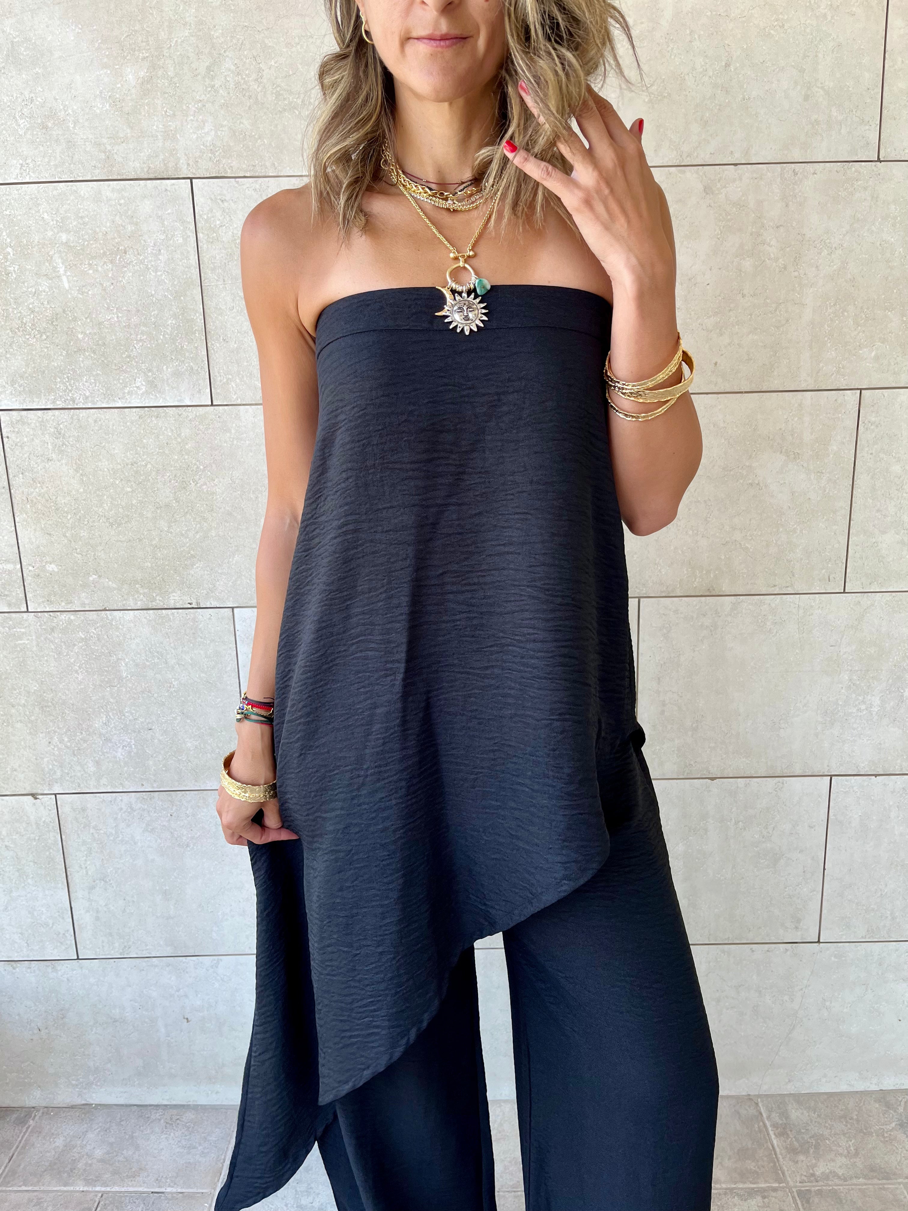 Black Strapless Asymmetrical Set