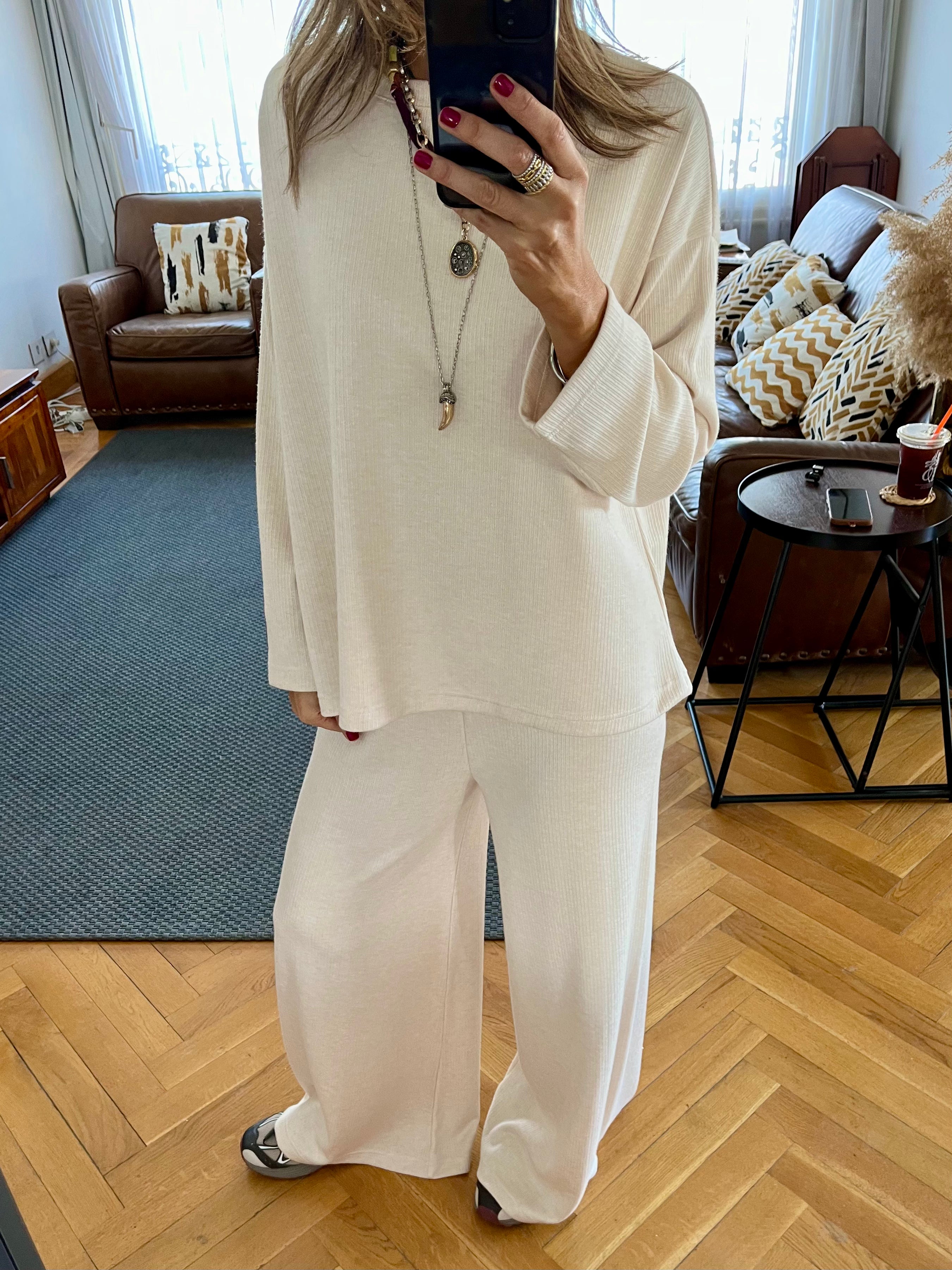 Beige Ribbed flowy Set