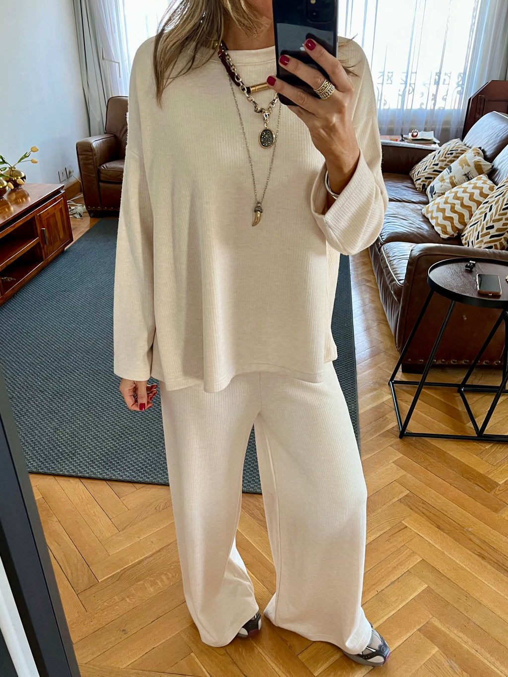 Beige Ribbed flowy Set