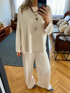 Beige Ribbed flowy Set