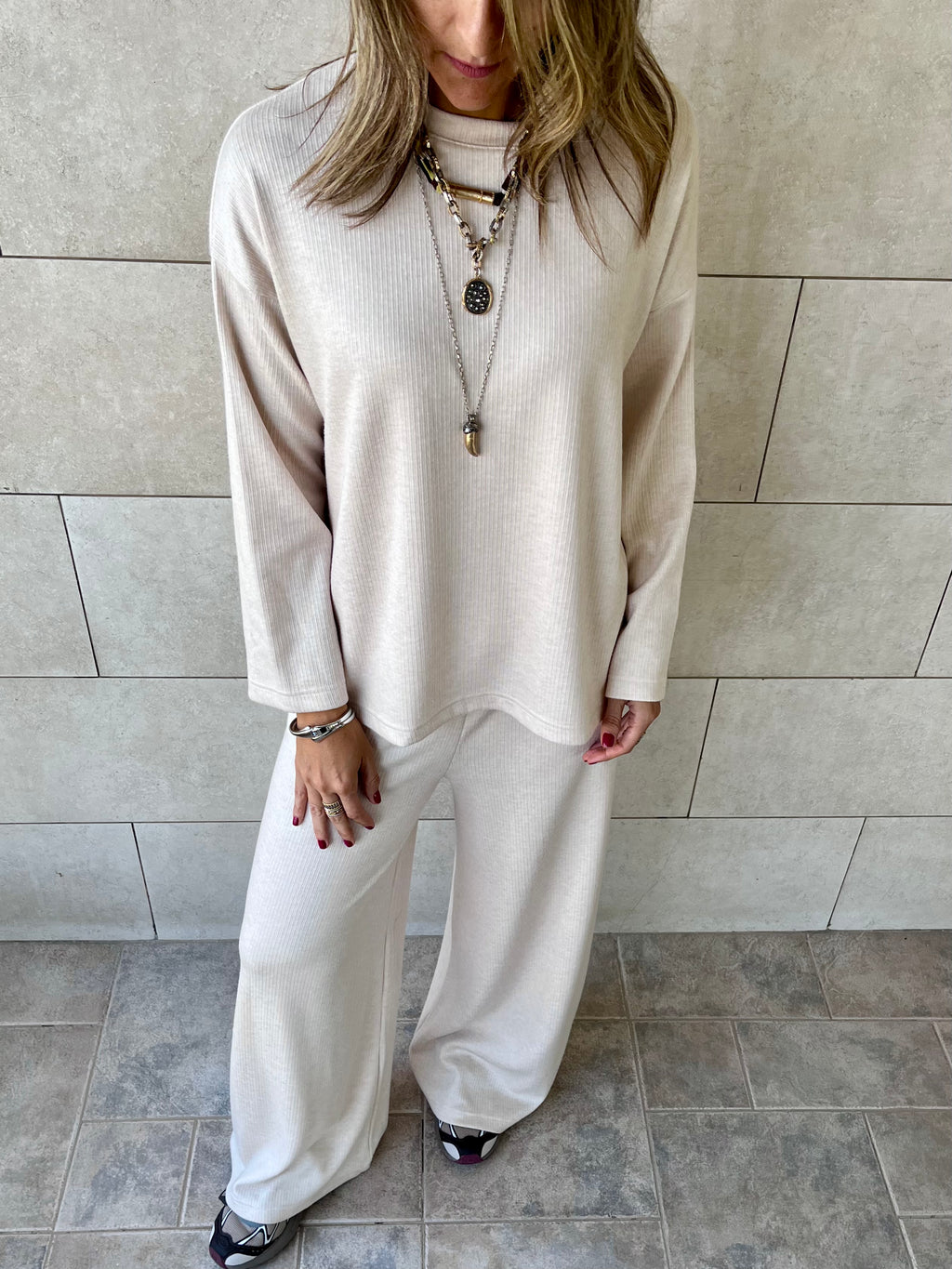 Beige Ribbed flowy Set