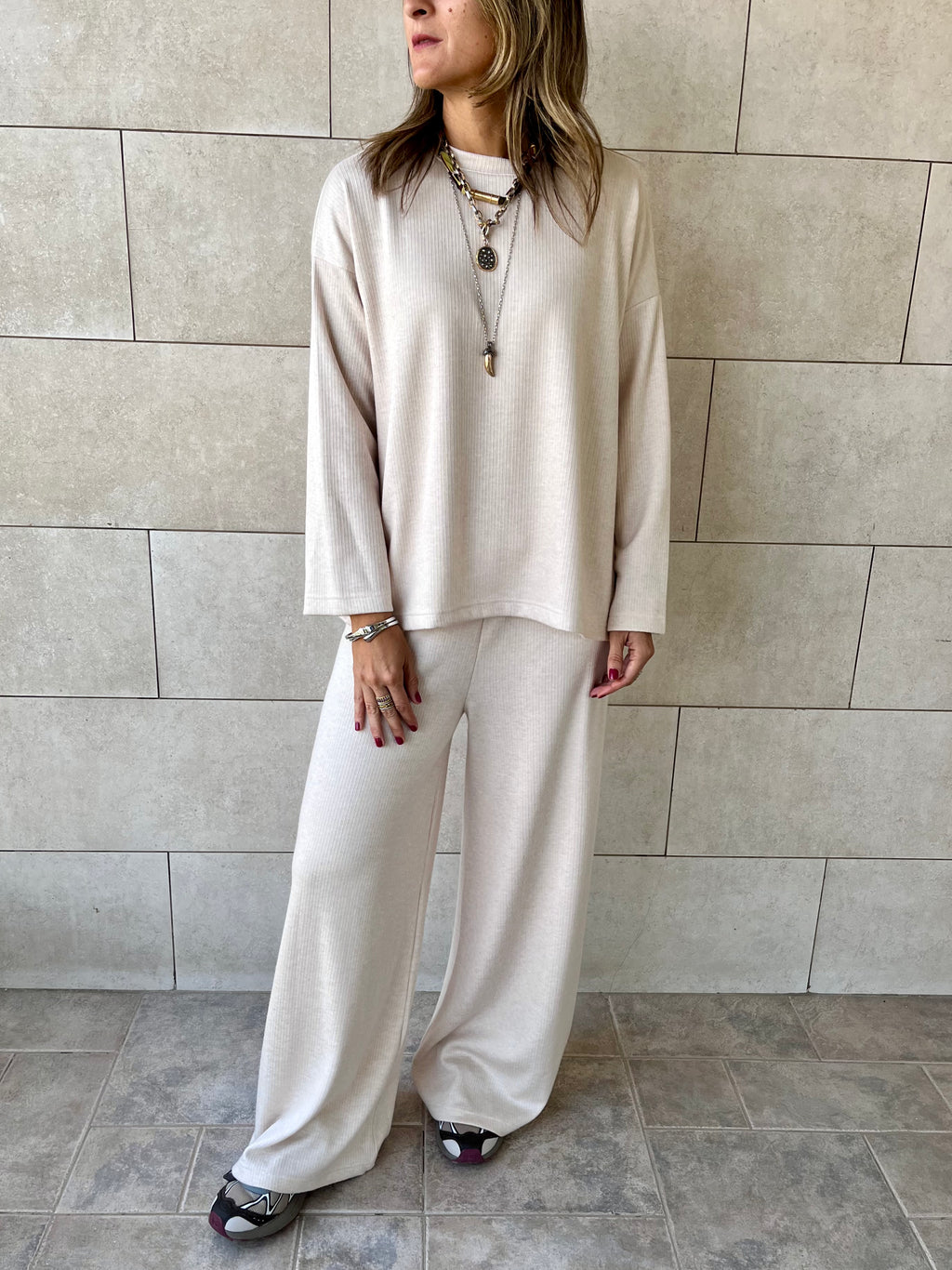 Beige Ribbed flowy Set