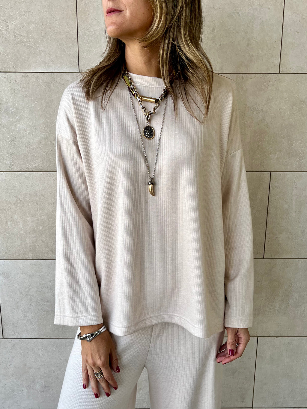 Beige Ribbed flowy Set