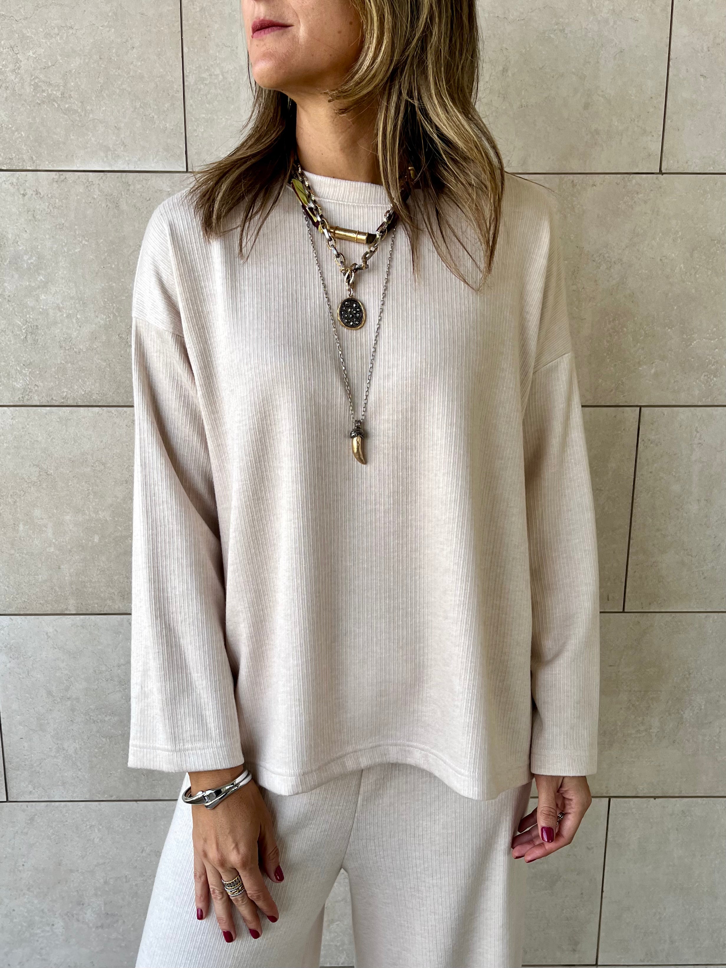 Beige Ribbed flowy Set