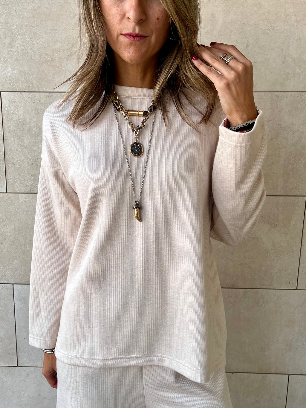 Beige Ribbed flowy Set