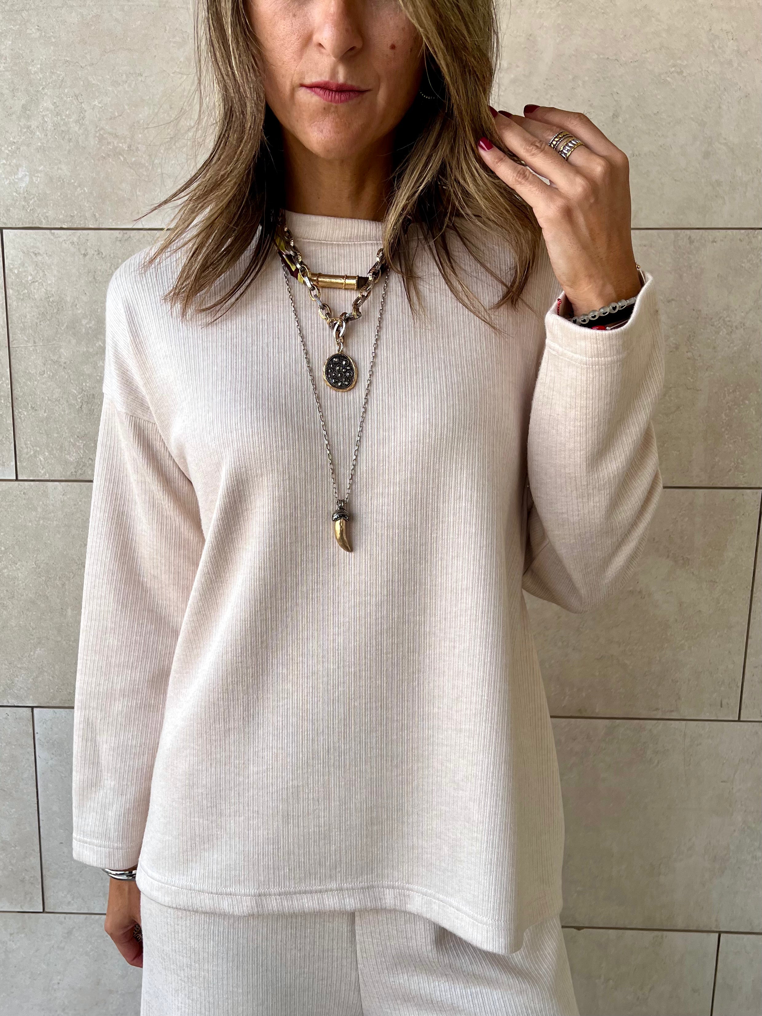 Beige Ribbed flowy Set