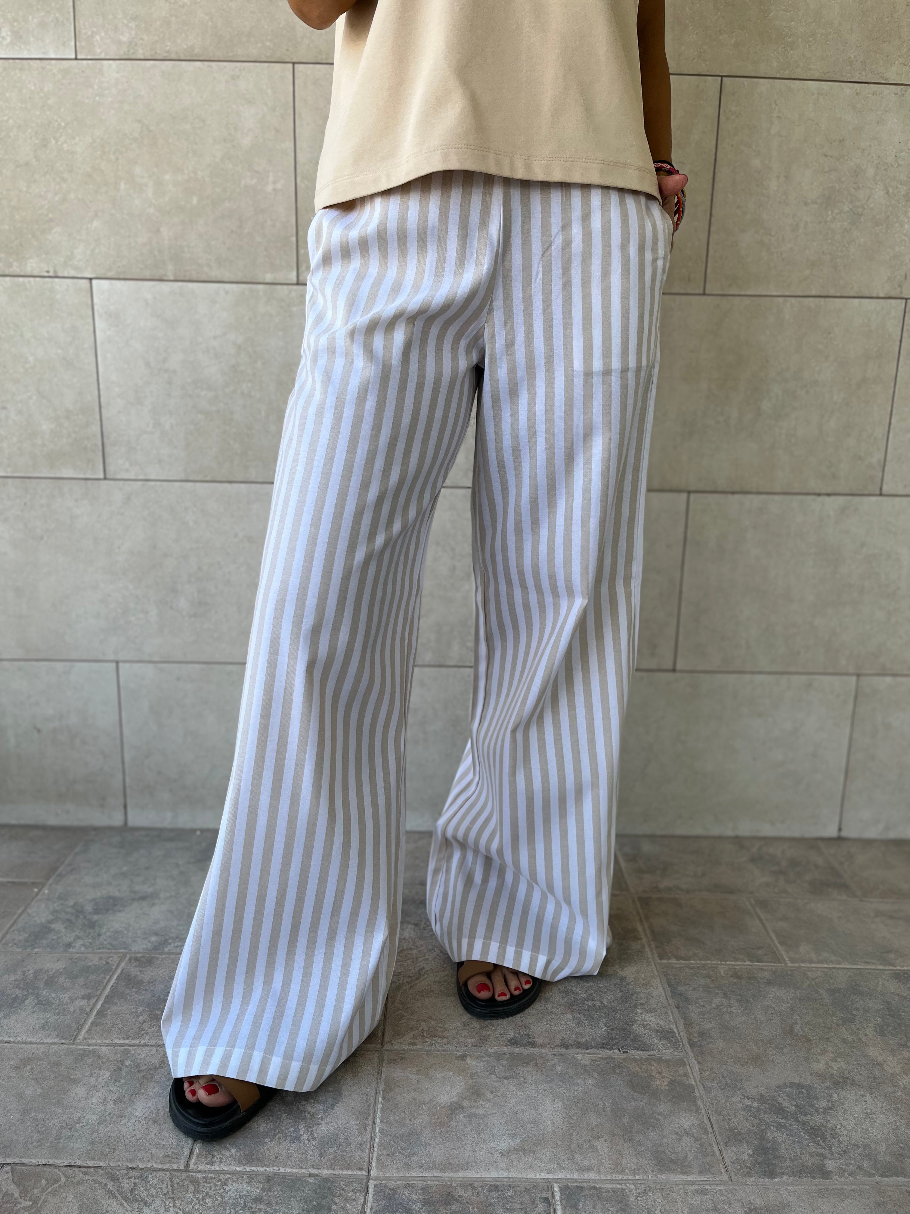 Beige Effortless Striped Pants