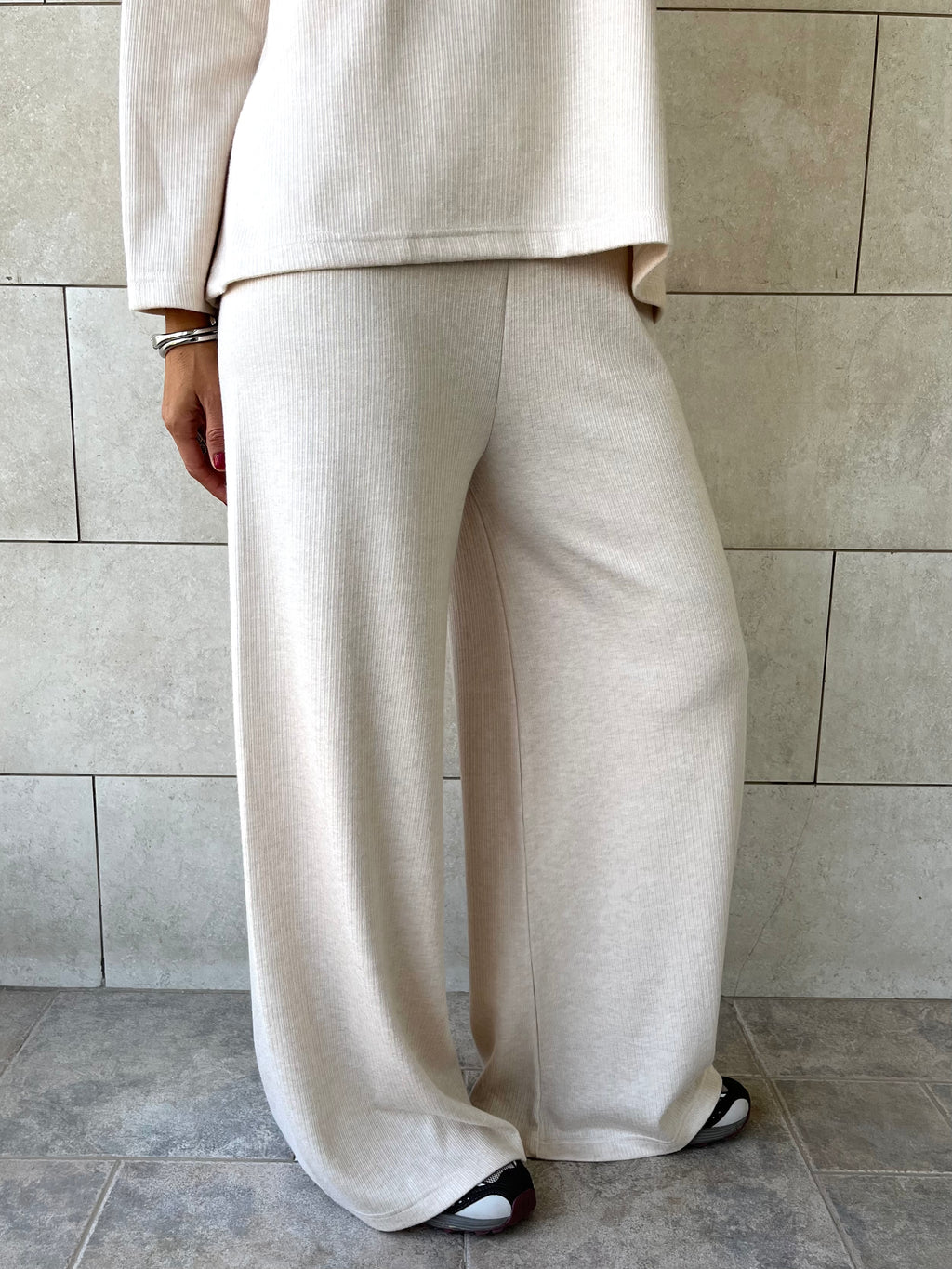 Beige Ribbed flowy Set