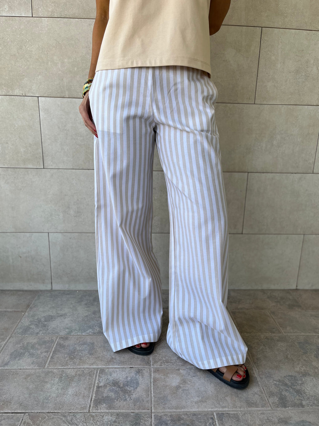 Beige Effortless Striped Pants