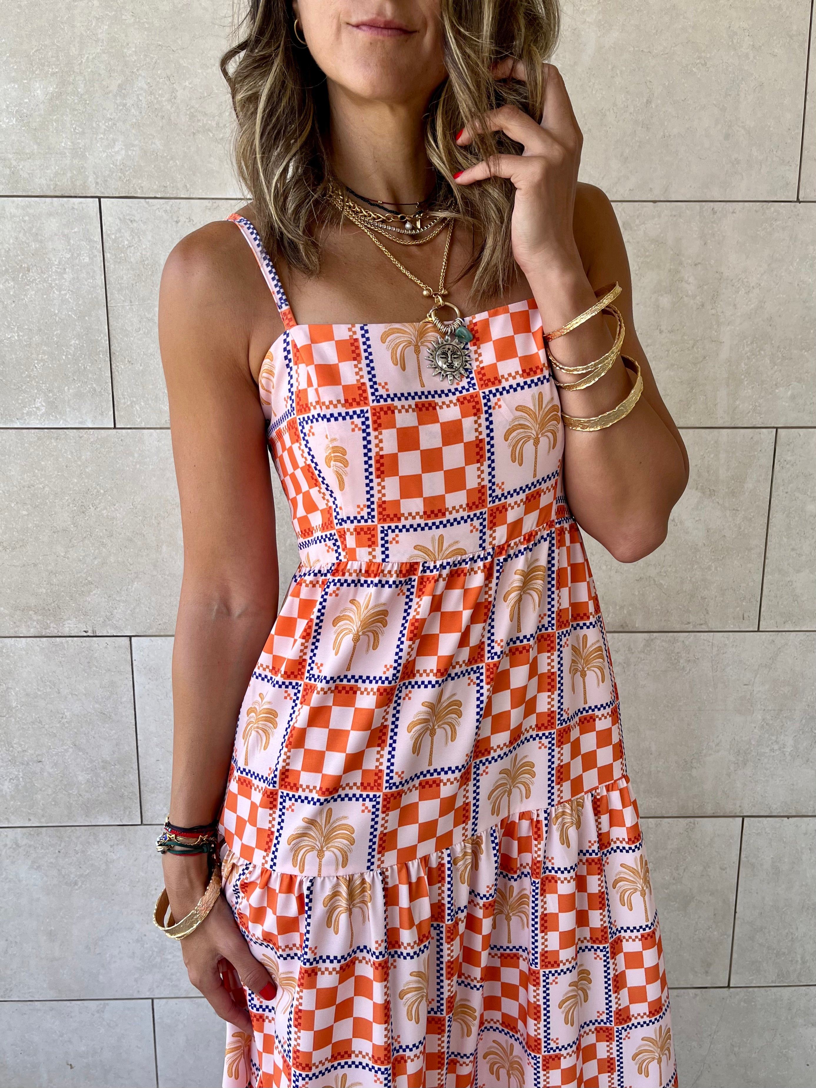 Checkered Sleeveless Tiered Dress