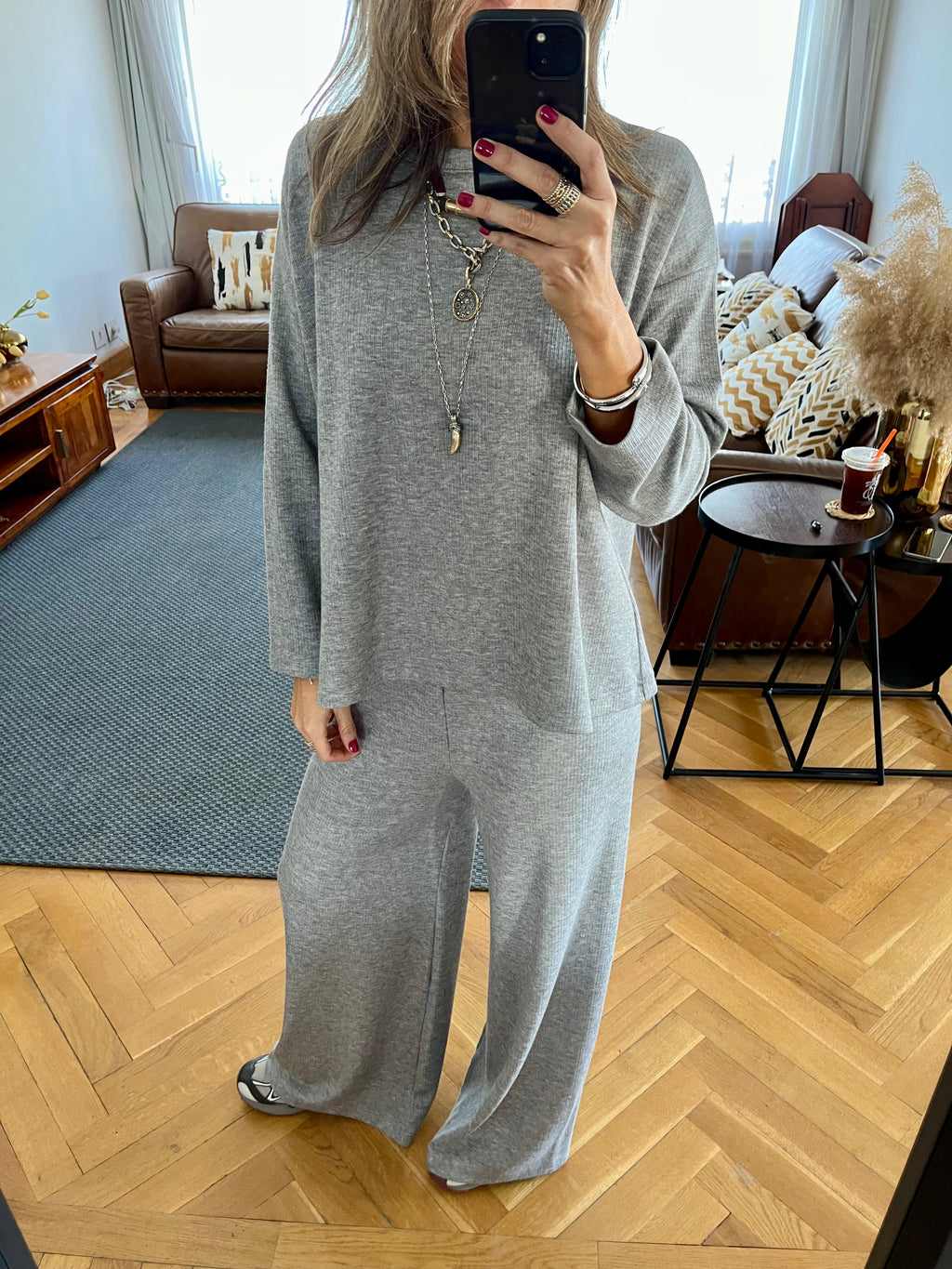 Grey Ribbed flowy Set