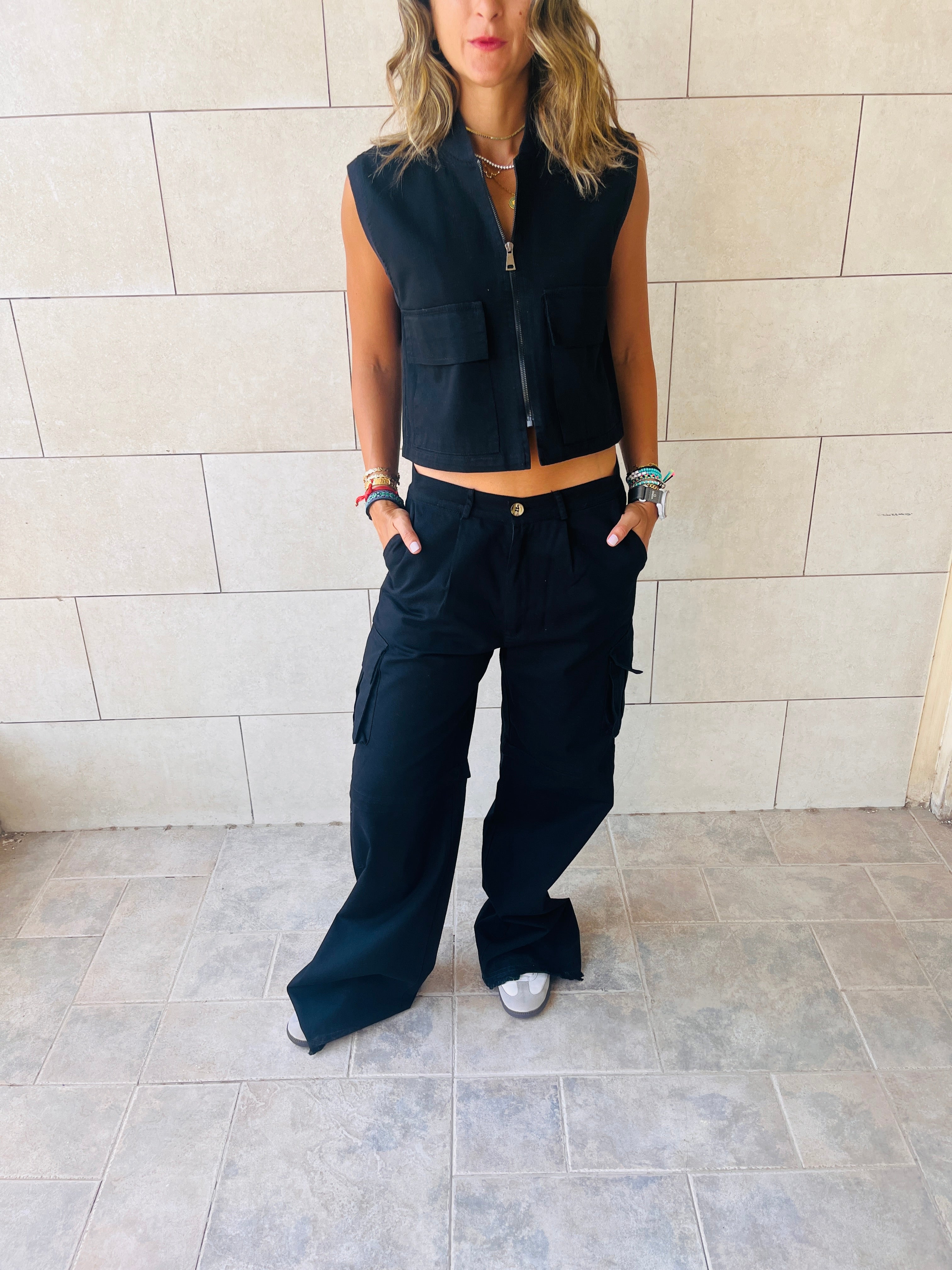 Black Cargo Cropped Vest