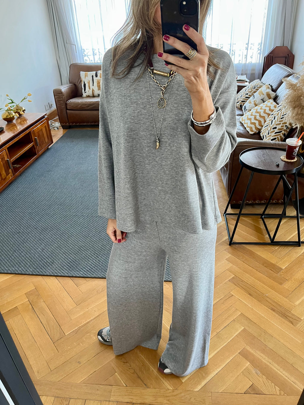 Grey Ribbed flowy Set