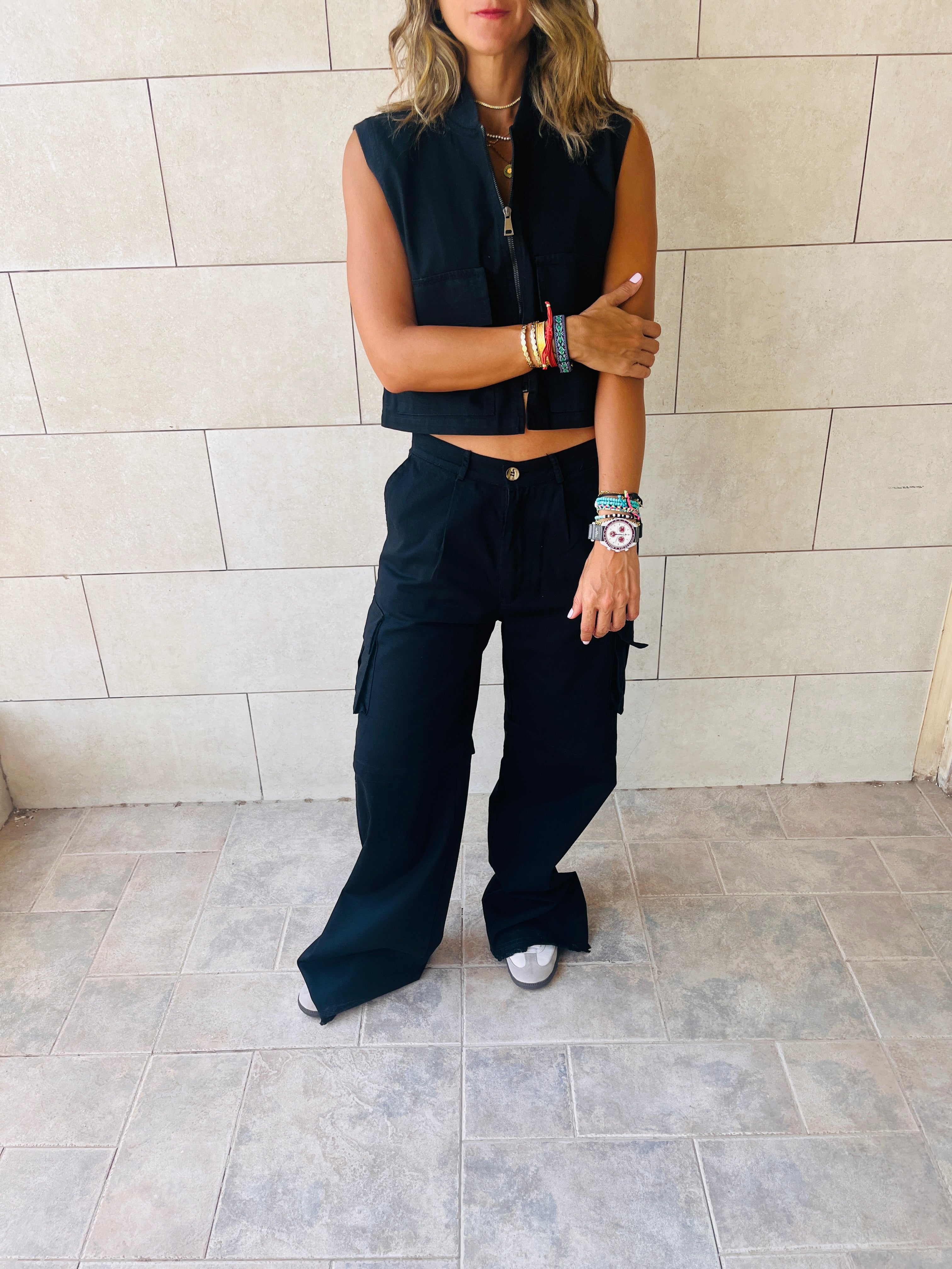 Black Cargo Cropped Vest
