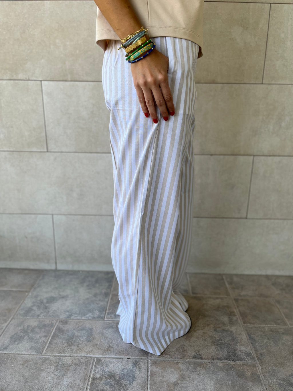 Beige Effortless Striped Pants
