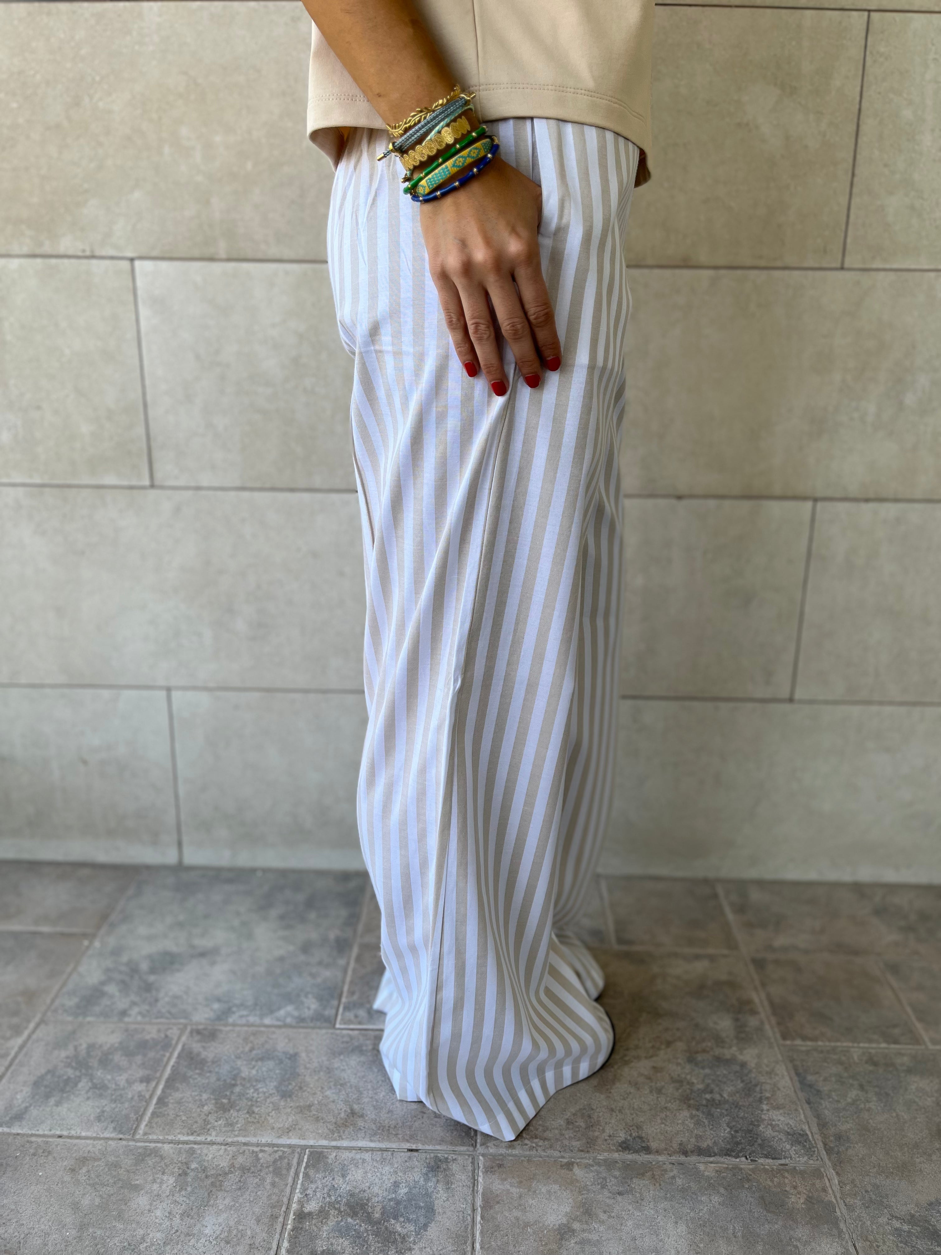 Beige Effortless Striped Pants
