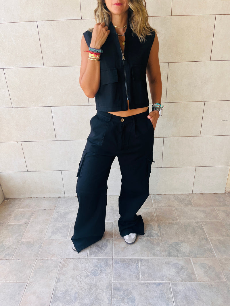 Black Cargo Cropped Vest