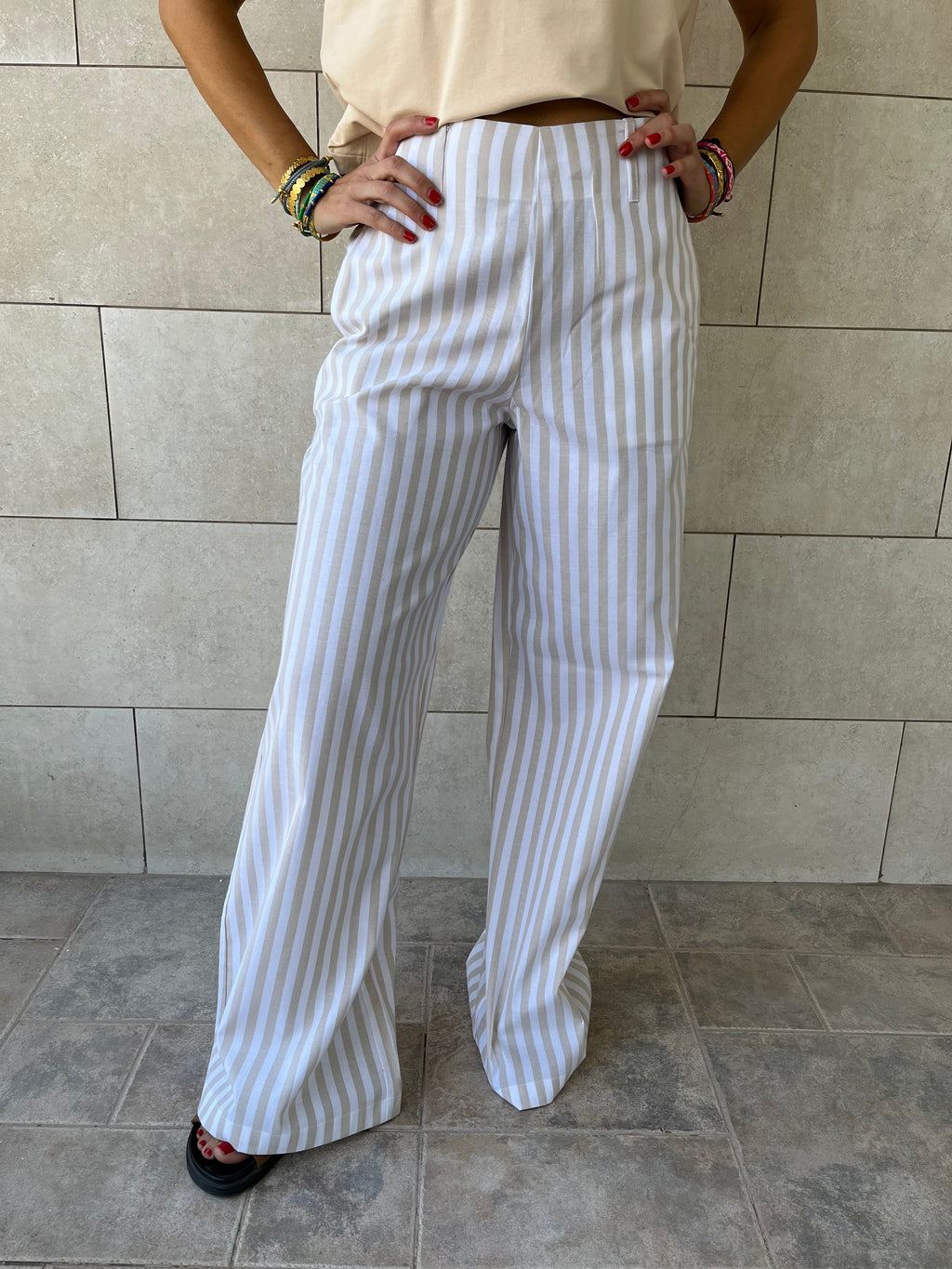 Beige Effortless Striped Pants
