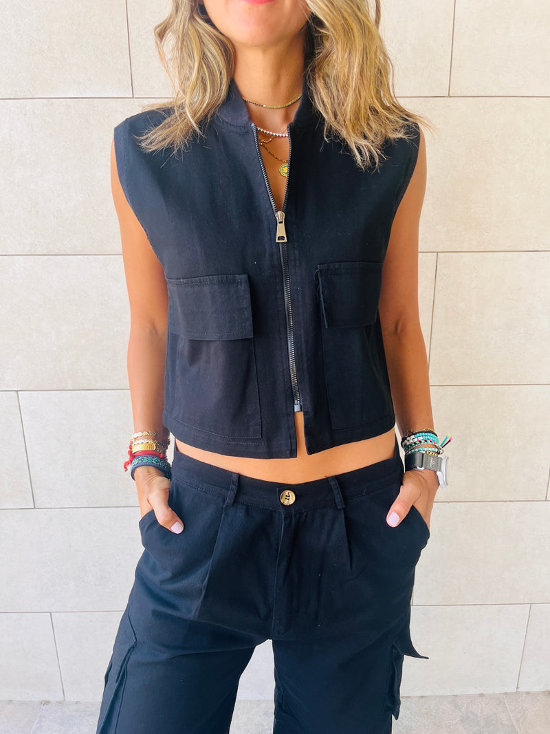 Black Cargo Cropped Vest