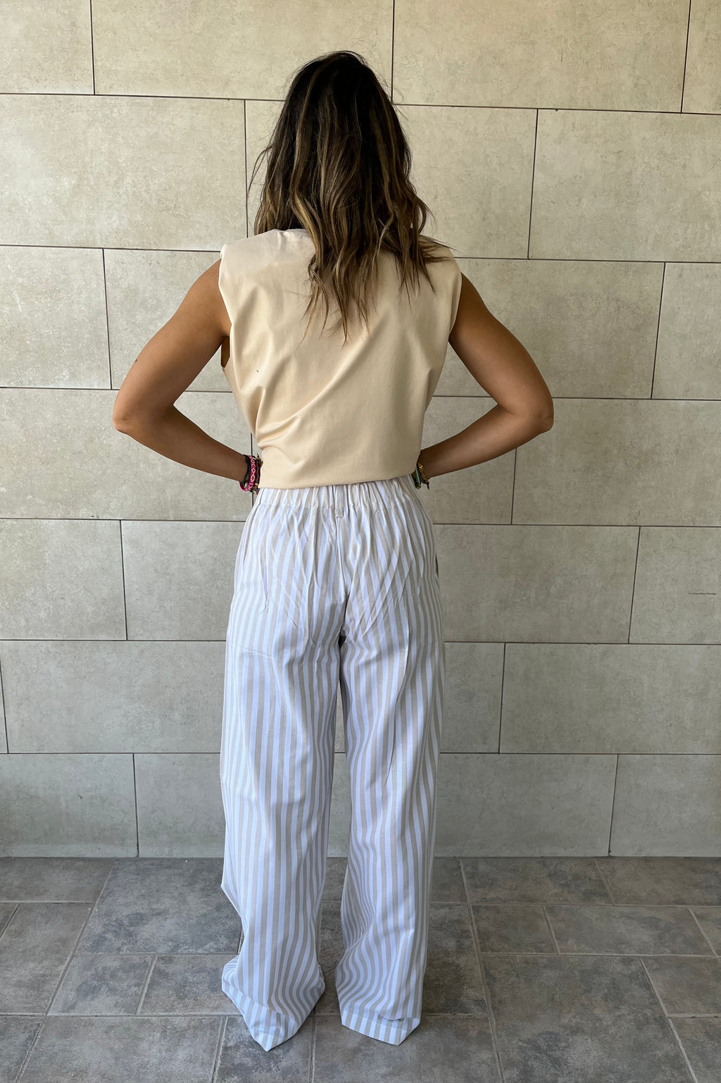 Beige Effortless Striped Pants