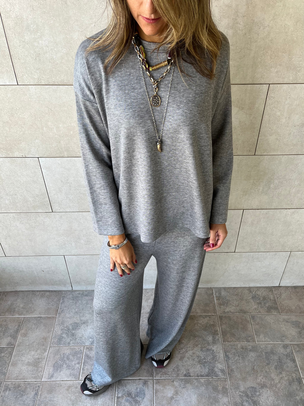 Grey Ribbed flowy Set