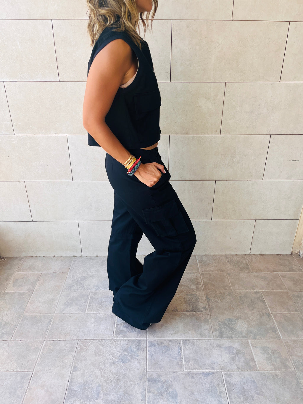 Black Cargo Cropped Vest