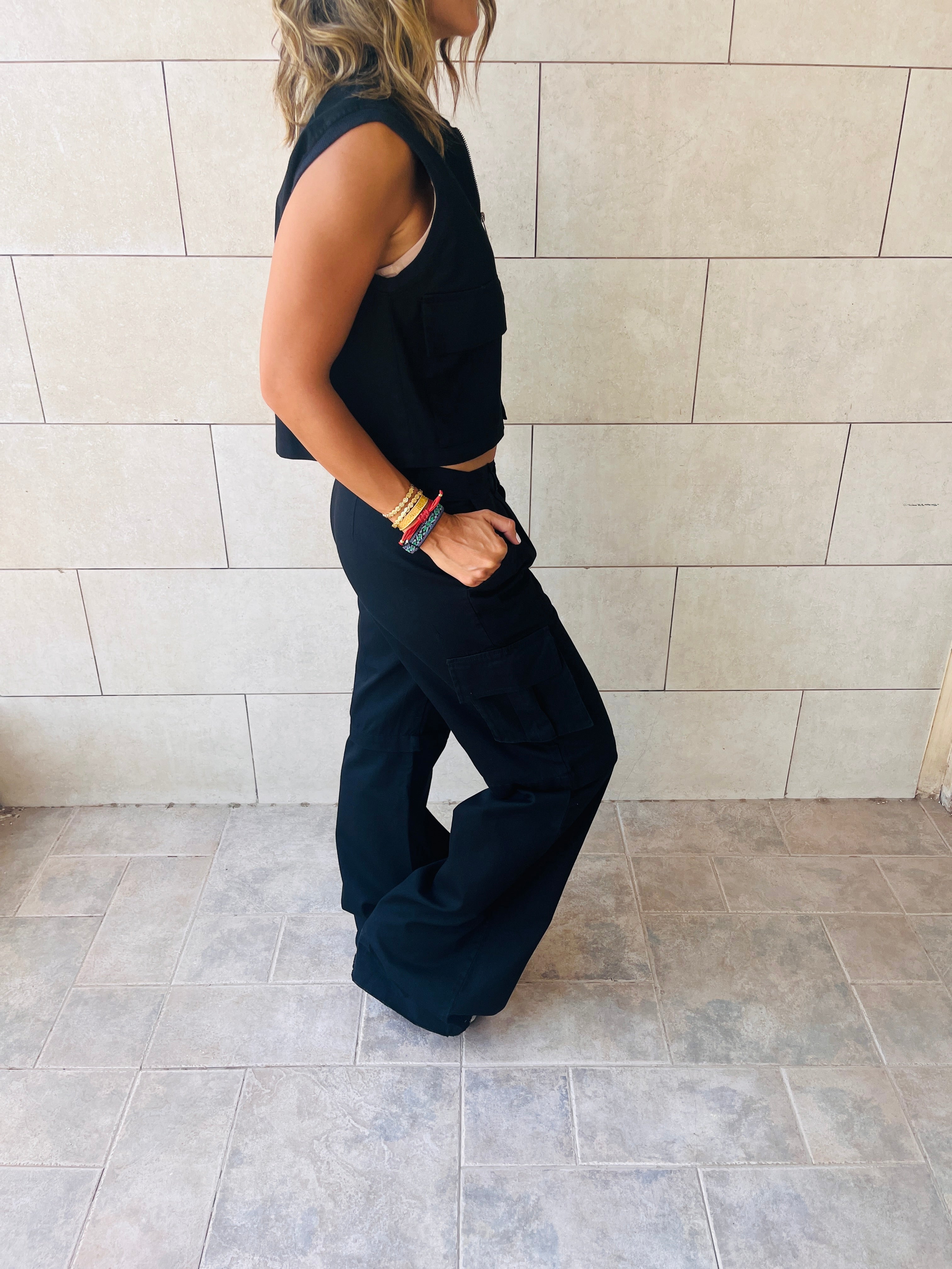 Black Cargo Cropped Vest
