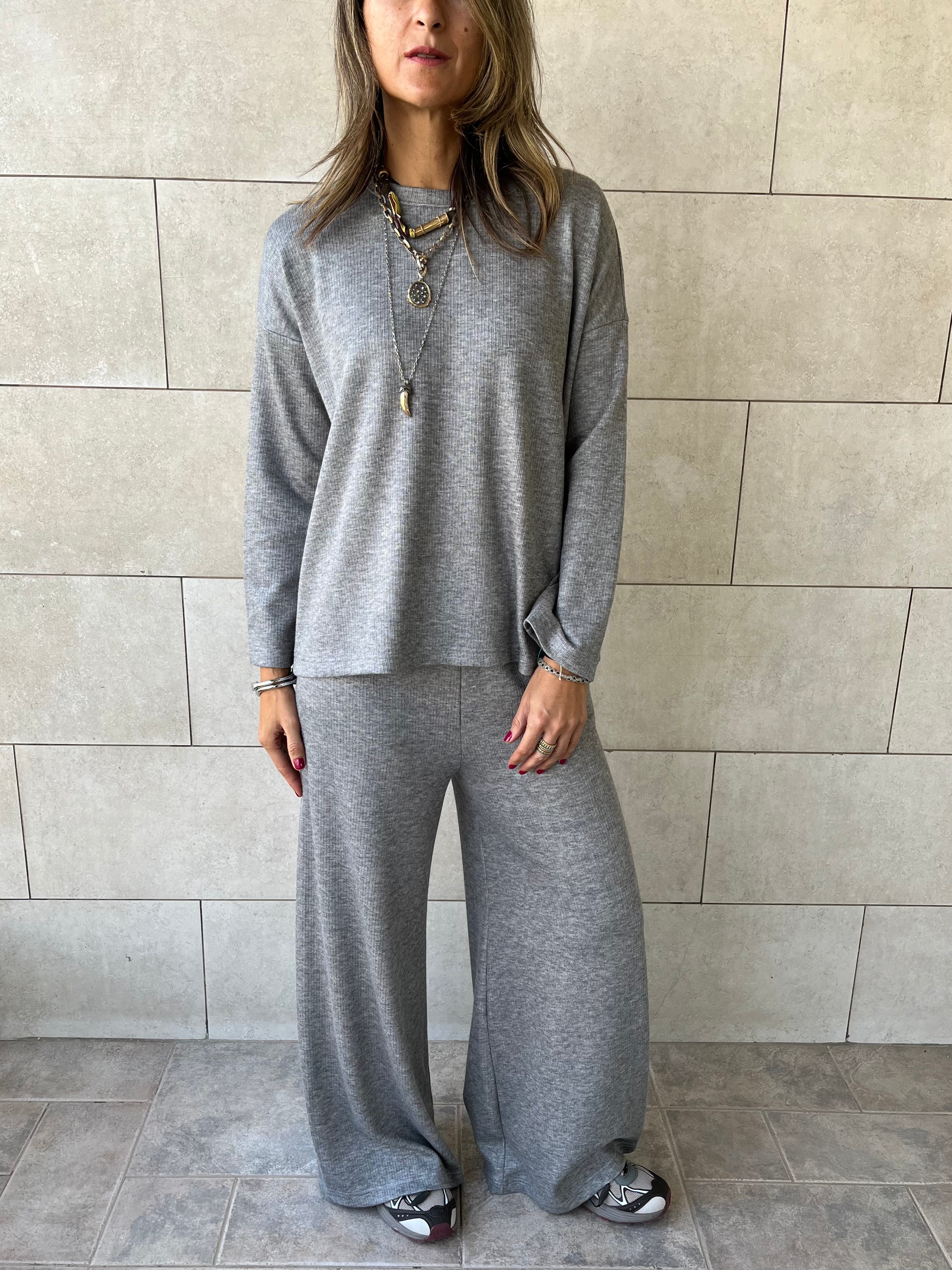 Grey Ribbed flowy Set