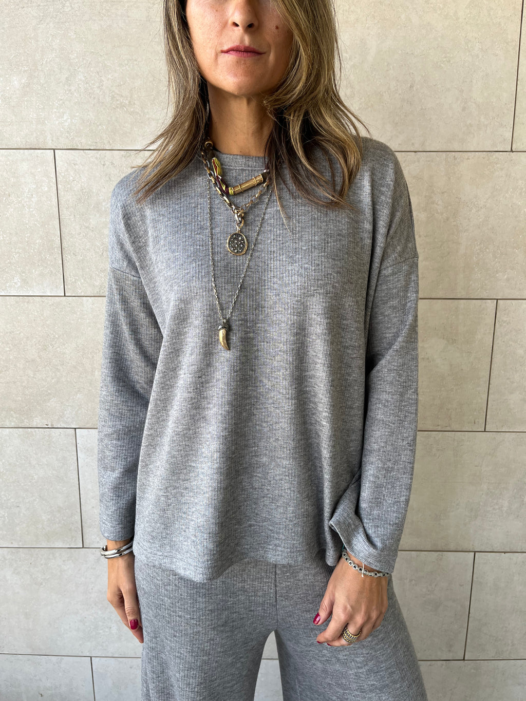 Grey Ribbed flowy Set