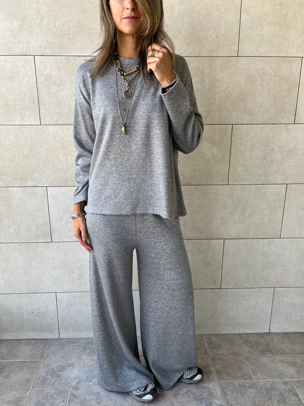 Grey Ribbed flowy Set