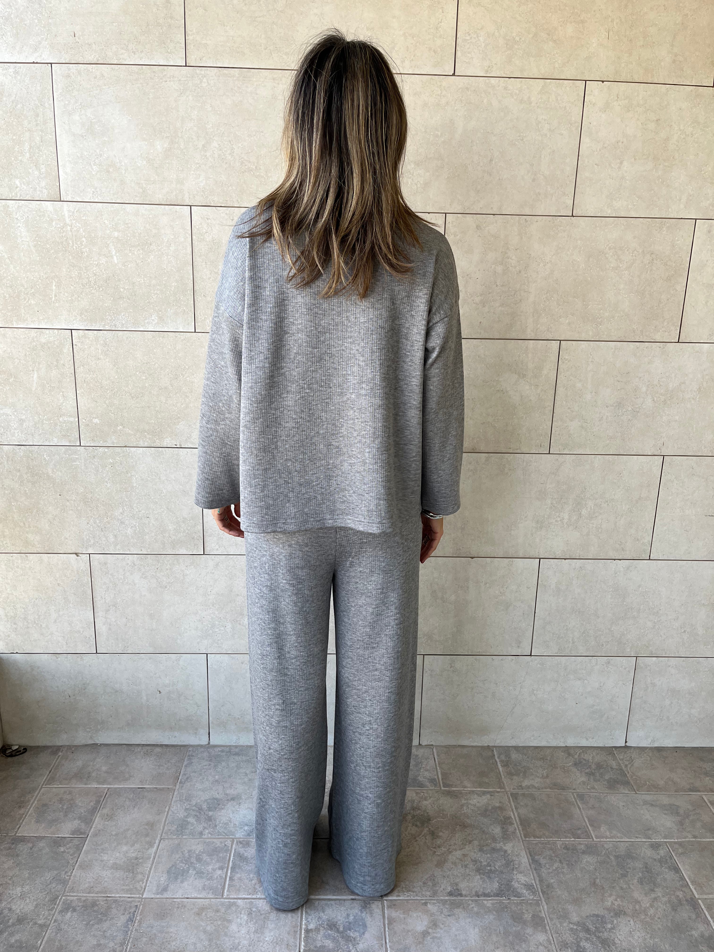 Grey Ribbed flowy Set