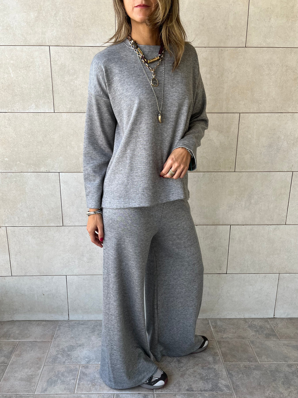 Grey Ribbed flowy Set