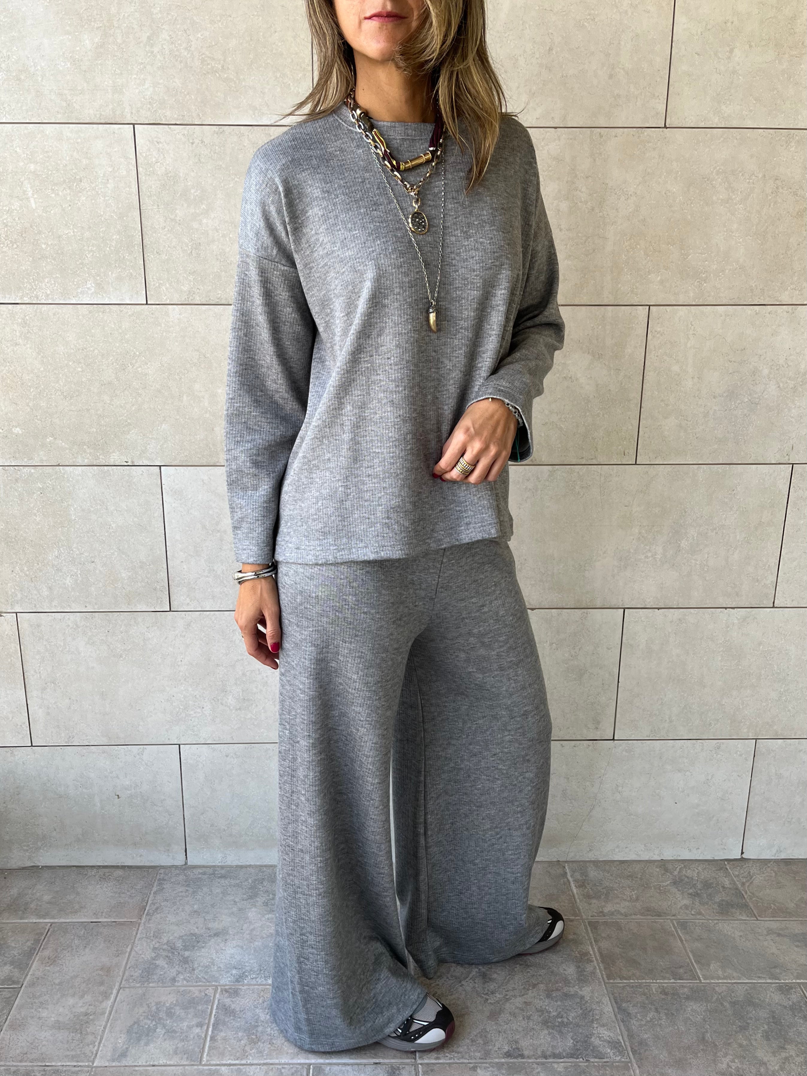 Grey Ribbed flowy Set