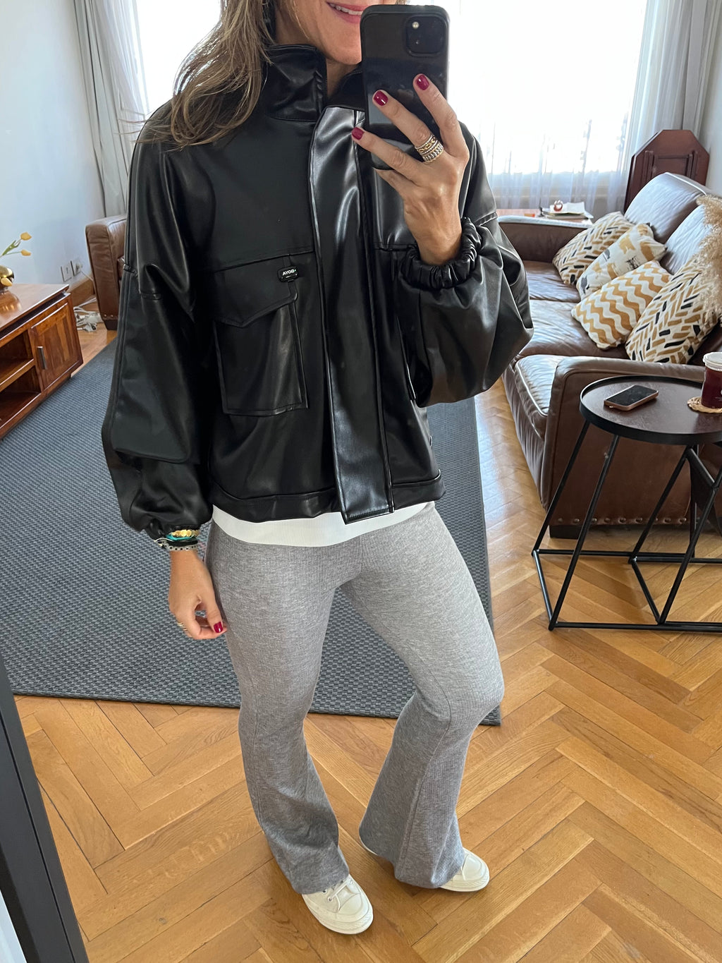 Black Funnel Neck Leather Jacket